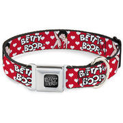 BETTY BOOP Text Heart Logo Full Color Black/White Seatbelt Buckle Collar - BETTY BOOP Seated Leg Kick Pose and Text Hearts Red/White/Black