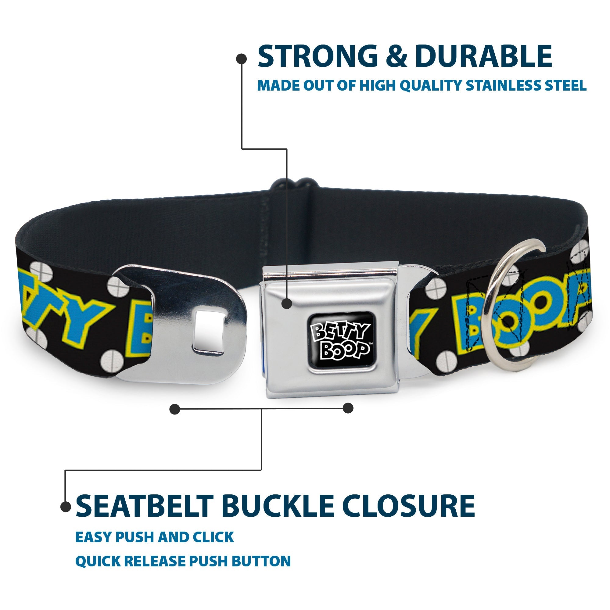 BETTY BOOP Text Heart Logo Full Color Black/White Seatbelt Buckle Collar - BETTY BOOP Biker Betty Winking and Text Polka Dot Black/White/Yellow/Blue