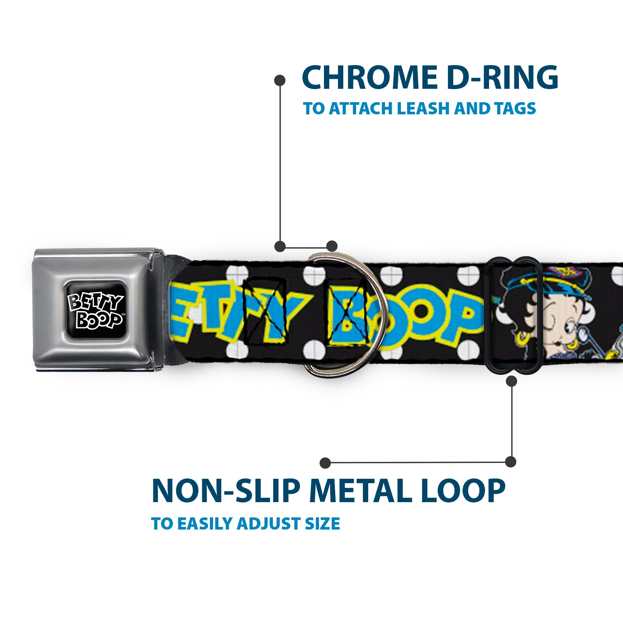 BETTY BOOP Text Heart Logo Full Color Black/White Seatbelt Buckle Collar - BETTY BOOP Biker Betty Winking and Text Polka Dot Black/White/Yellow/Blue