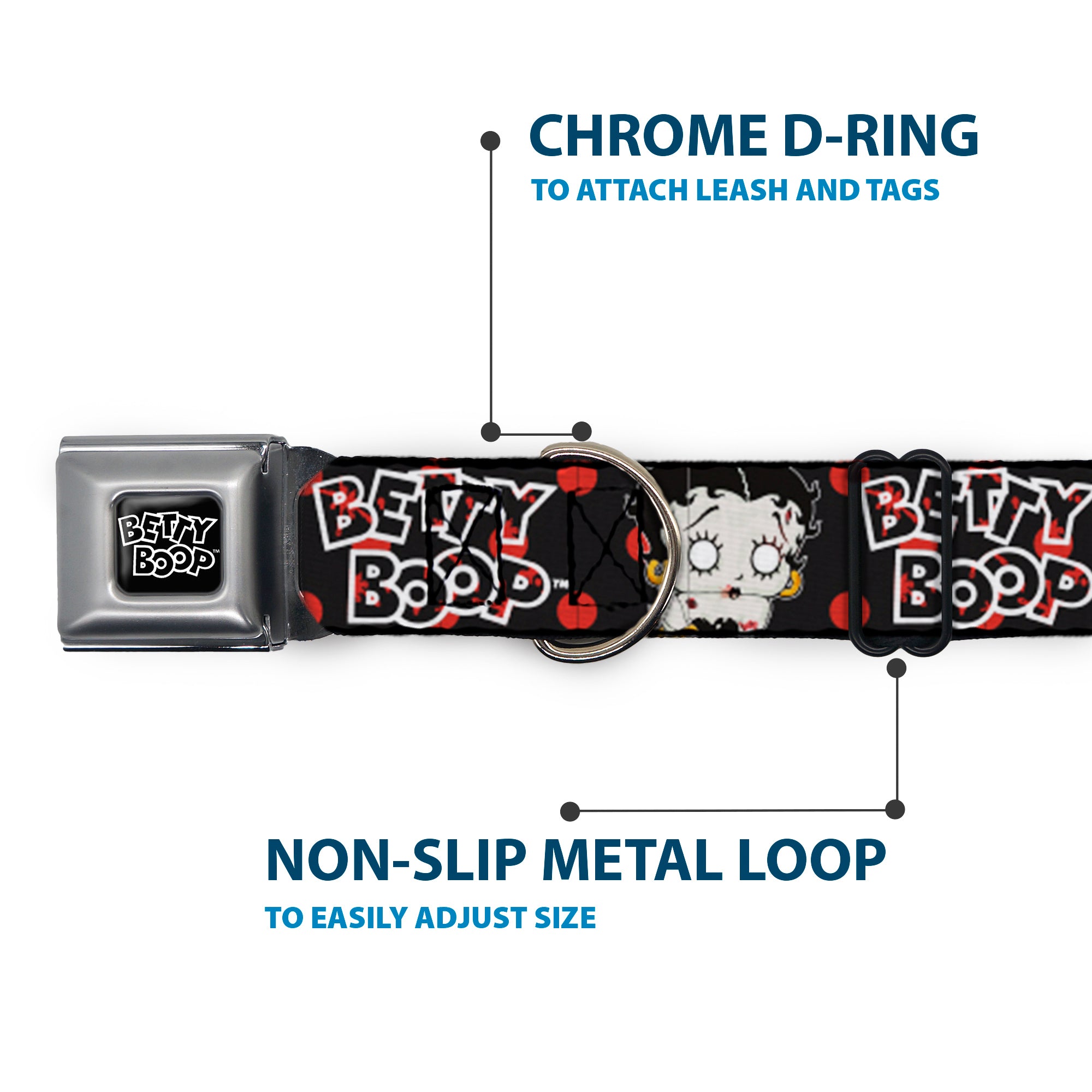 BETTY BOOP Text Heart Logo Full Color Black/White Seatbelt Buckle Collar - BETTY BOOP Zombie Betty and Text Polka Dot Black/Red/White