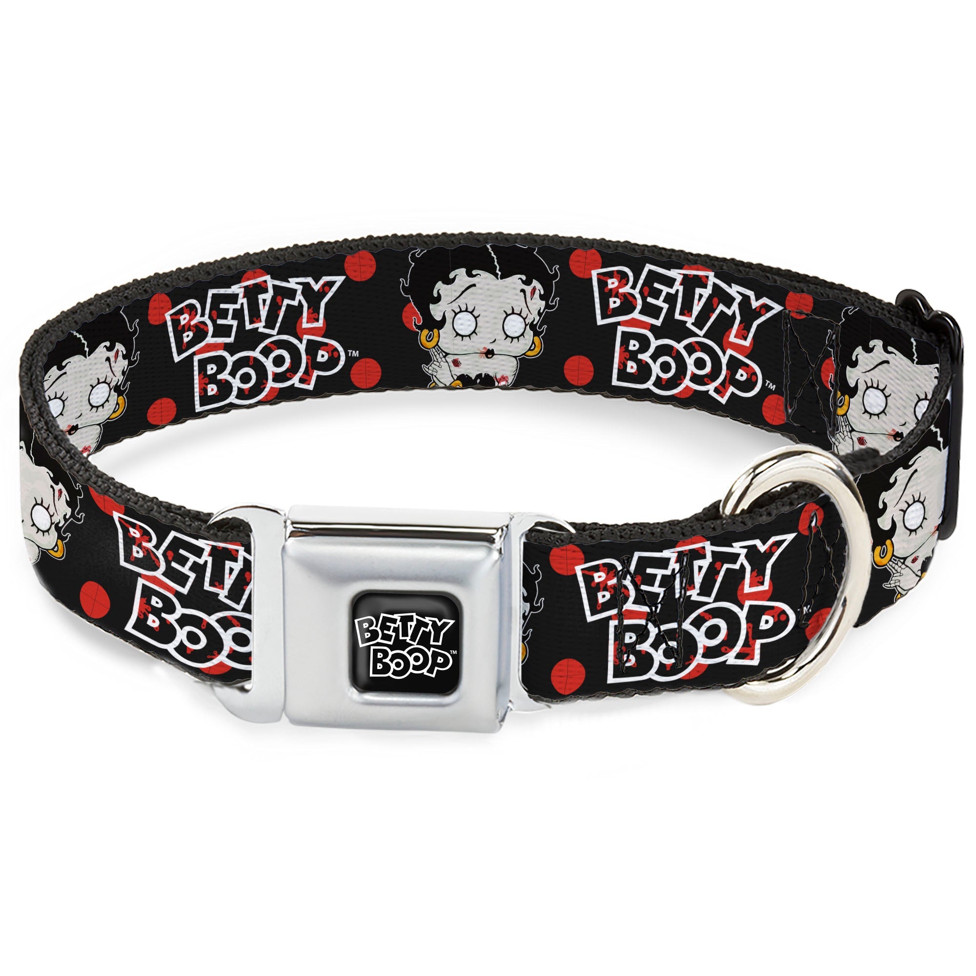 BETTY BOOP Text Heart Logo Full Color Black/White Seatbelt Buckle Collar - BETTY BOOP Zombie Betty and Text Polka Dot Black/Red/White