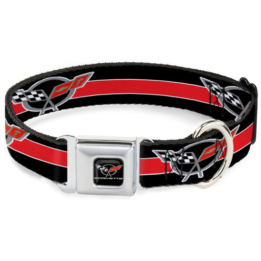 CORVETTE C5 Logo Full Color Black/Gray/White/Red Seatbelt Buckle Collar - CORVETTE C5 Logo/Stripe Black/White/Red/Gray REPEAT