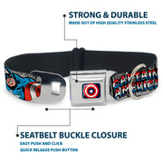 Captain America Shield Navy Seatbelt Buckle Collar - CAPTAIN AMERICA 2-Poses/Comic Blocks Grays/Red/White/Blue