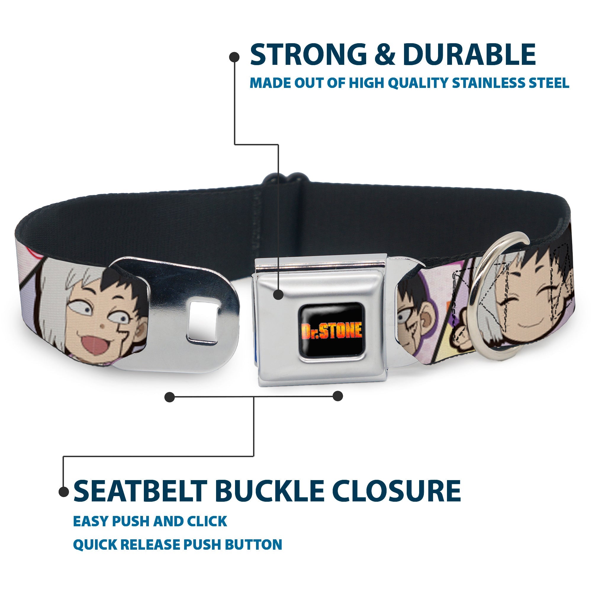 DR. STONE Title Logo Full Color Black/Orange Seatbelt Buckle Collar - Dr. Stone Chibi Gen Asagiri Expression Blocks