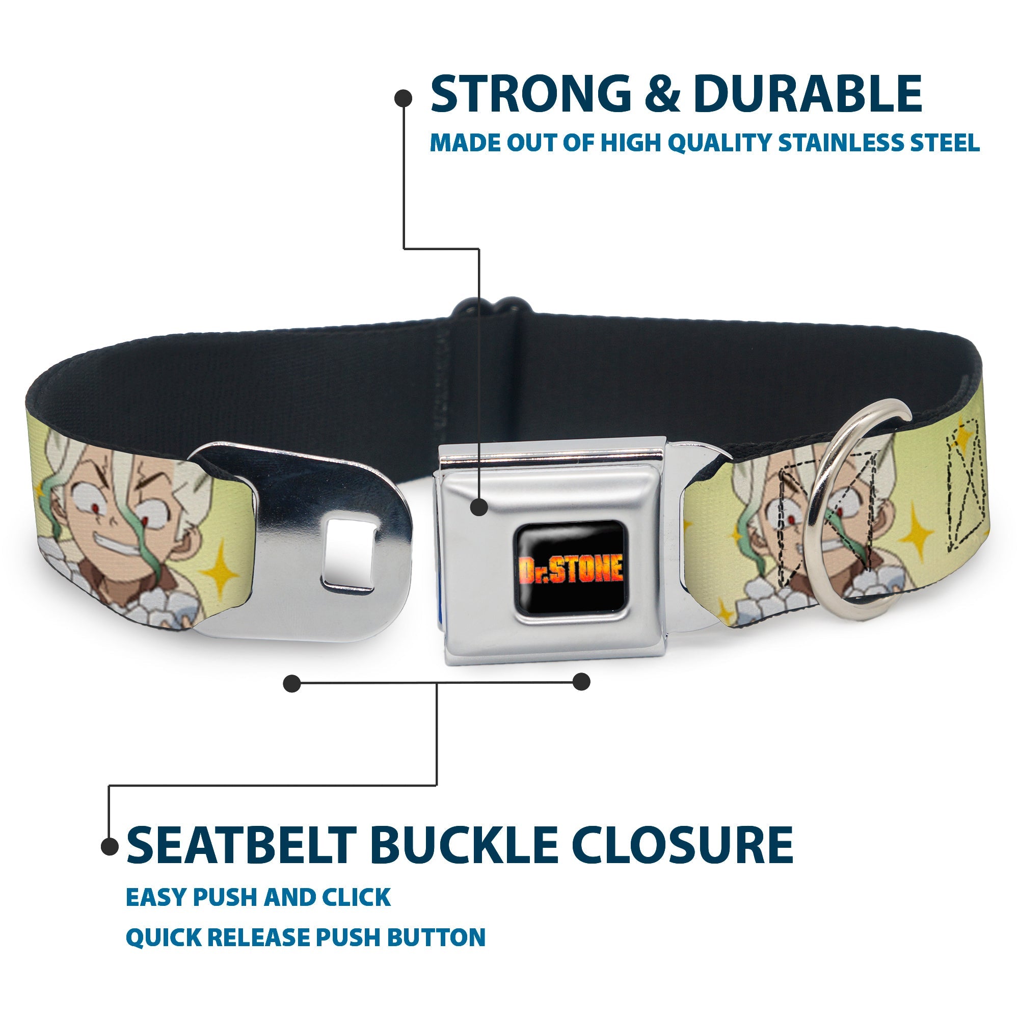 DR. STONE Title Logo Full Color Black/Orange Seatbelt Buckle Collar - Dr. Stone Chibi Senku and Gen Faces Stars Yellows