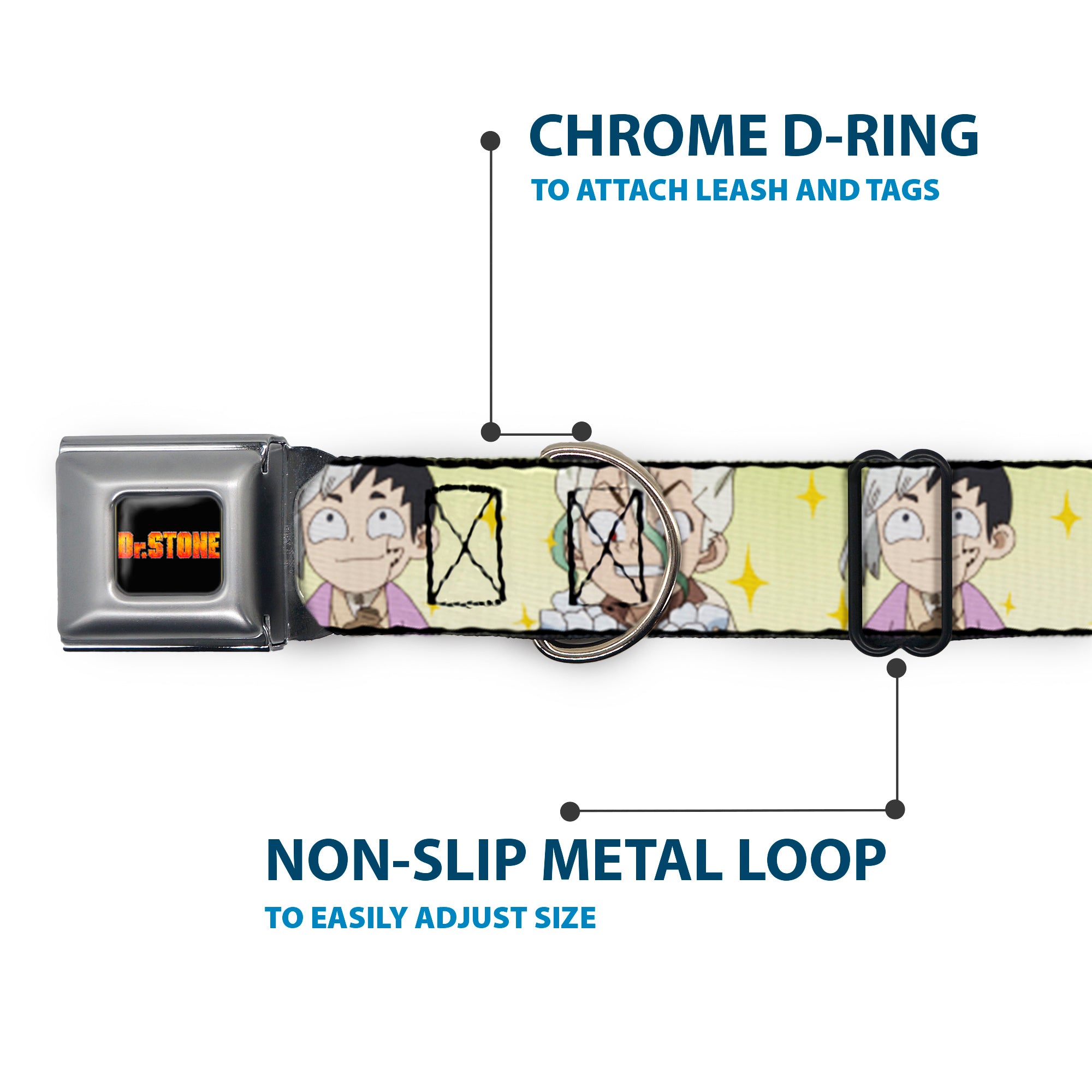 DR. STONE Title Logo Full Color Black/Orange Seatbelt Buckle Collar - Dr. Stone Chibi Senku and Gen Faces Stars Yellows