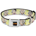 DR. STONE Title Logo Full Color Black/Orange Seatbelt Buckle Collar - Dr. Stone Chibi Senku and Gen Faces Stars Yellows