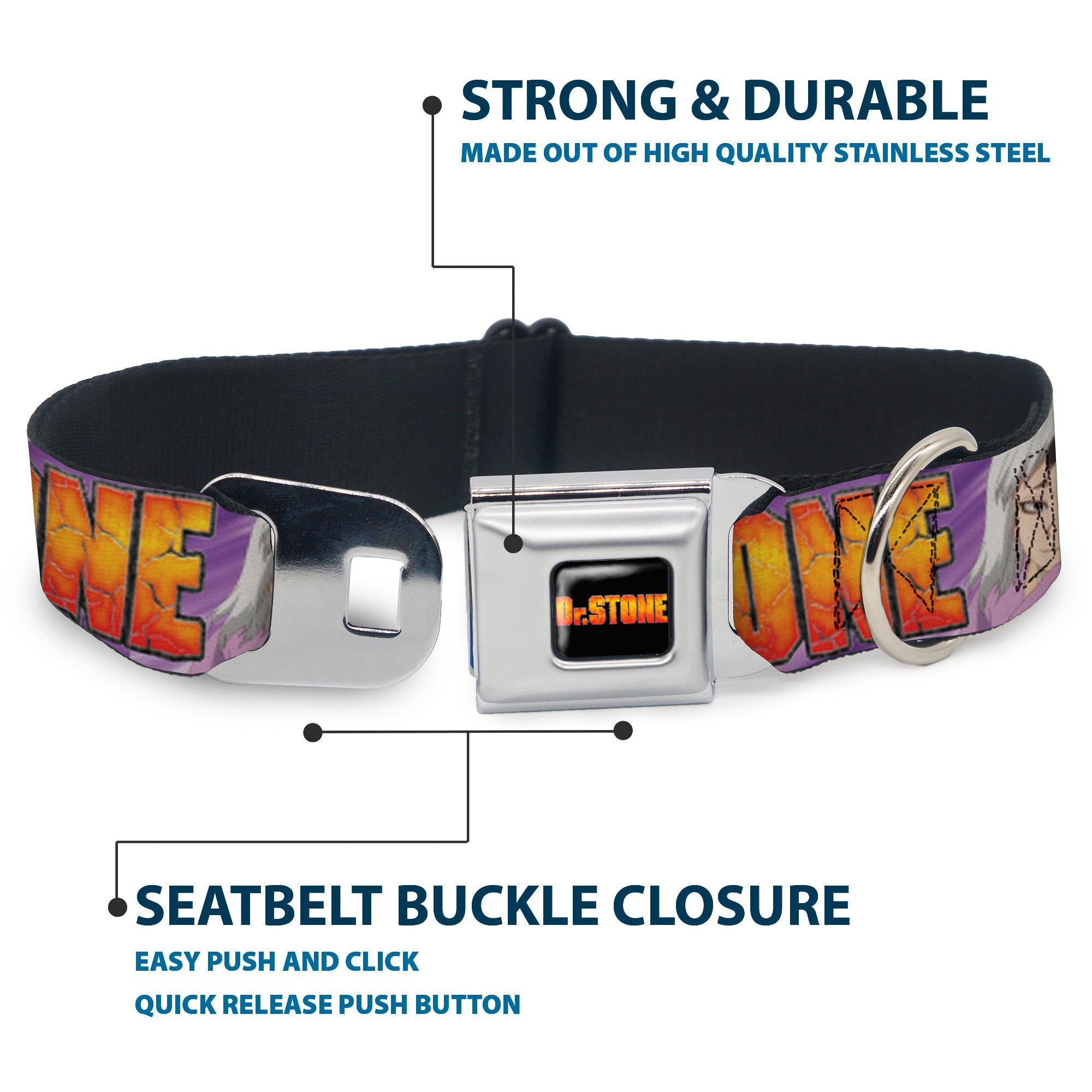 DR. STONE Title Logo Full Color Black/Orange Seatbelt Buckle Collar - DR. STONE Title Logo and Gen Asagiri Face Purples
