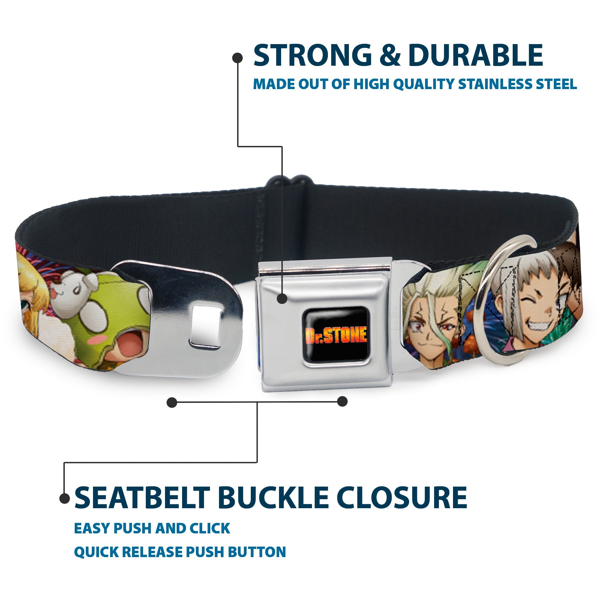 DR. STONE Title Logo Full Color Black/Orange Seatbelt Buckle Collar - Dr. Stone Character Group Faces Close-Up