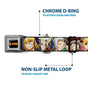 DR. STONE Title Logo Full Color Black/Orange Seatbelt Buckle Collar - Dr. Stone Character Group Faces Close-Up