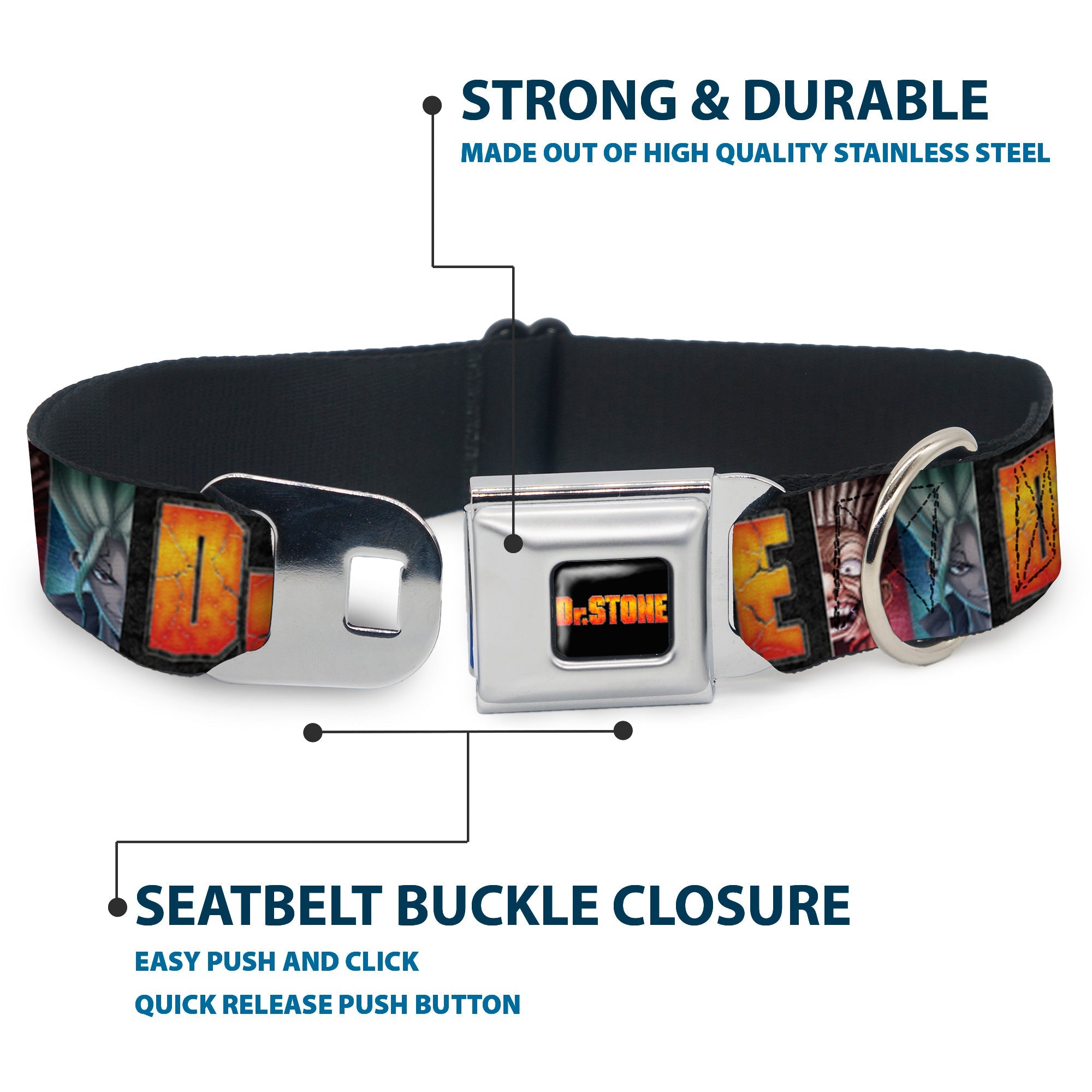 DR. STONE Title Logo Full Color Black/Orange Seatbelt Buckle Collar - DR. STONE Title Logo and Ibarra Senku Split Pose Black