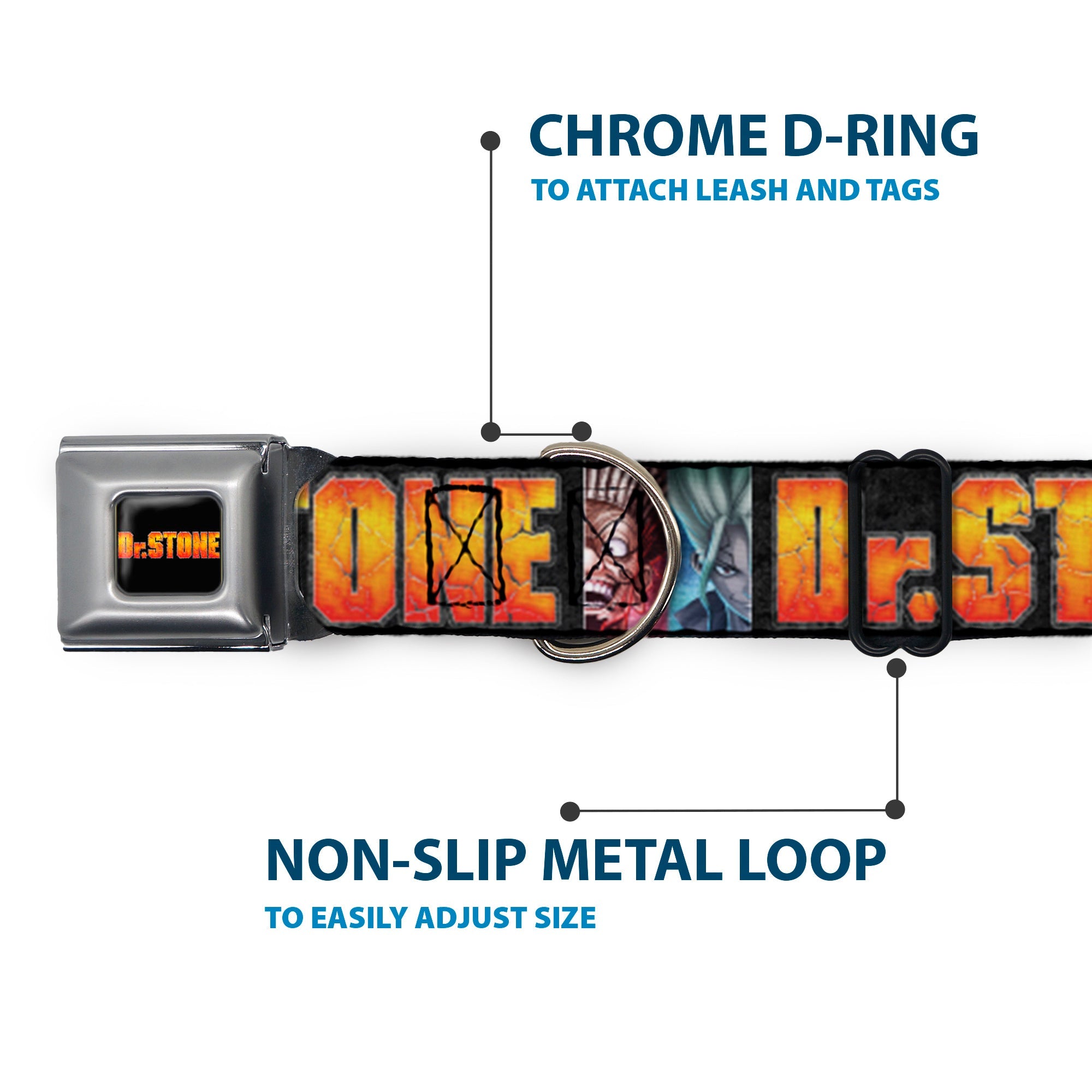 DR. STONE Title Logo Full Color Black/Orange Seatbelt Buckle Collar - DR. STONE Title Logo and Ibarra Senku Split Pose Black