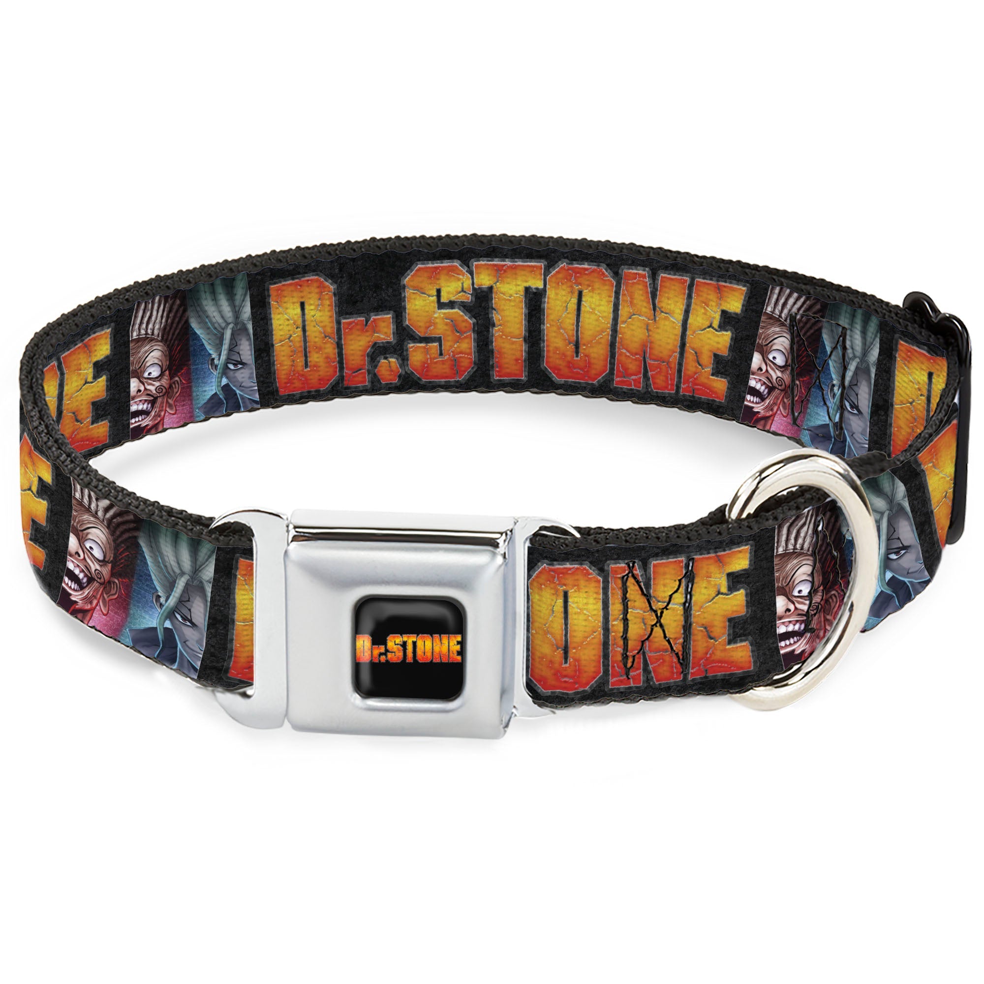 DR. STONE Title Logo Full Color Black/Orange Seatbelt Buckle Collar - DR. STONE Title Logo and Ibarra Senku Split Pose Black