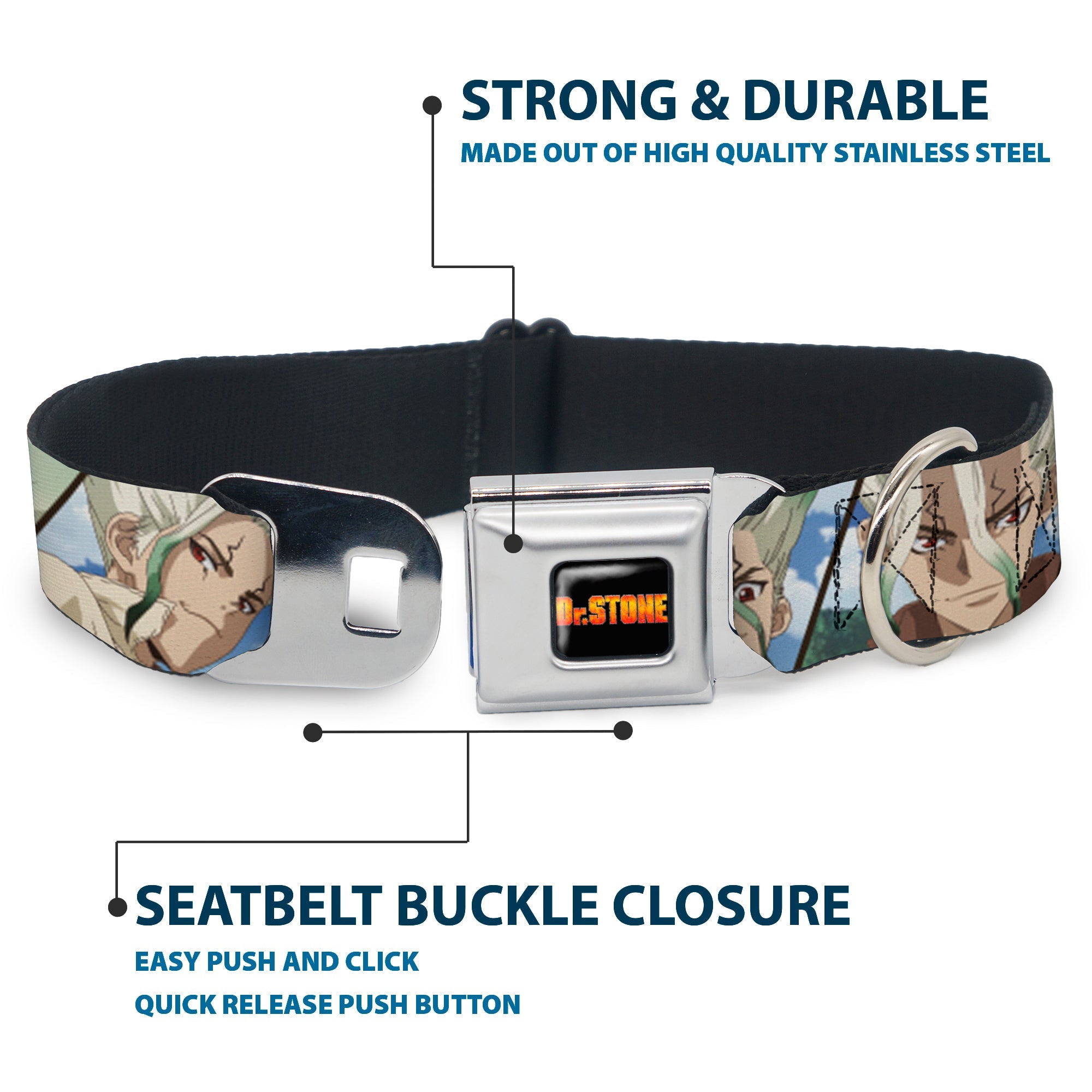 DR. STONE Title Logo Full Color Black/Orange Seatbelt Buckle Collar - Dr. Stone Senku Ishigami Expression Blocks Blues