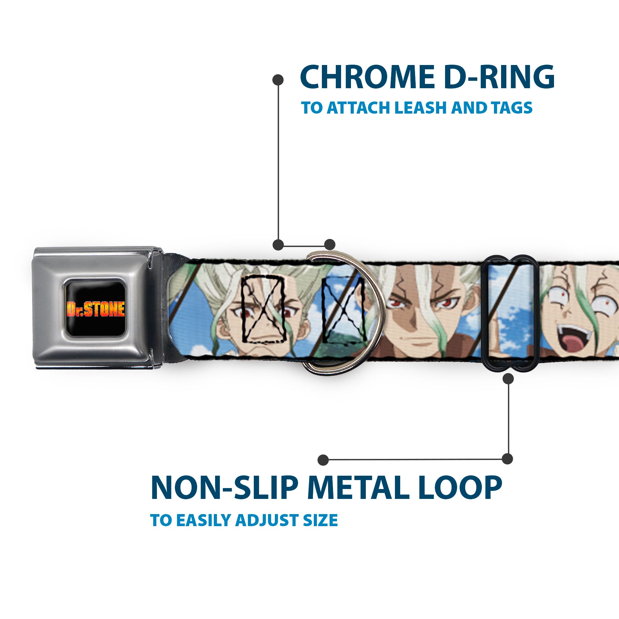 DR. STONE Title Logo Full Color Black/Orange Seatbelt Buckle Collar - Dr. Stone Senku Ishigami Expression Blocks Blues