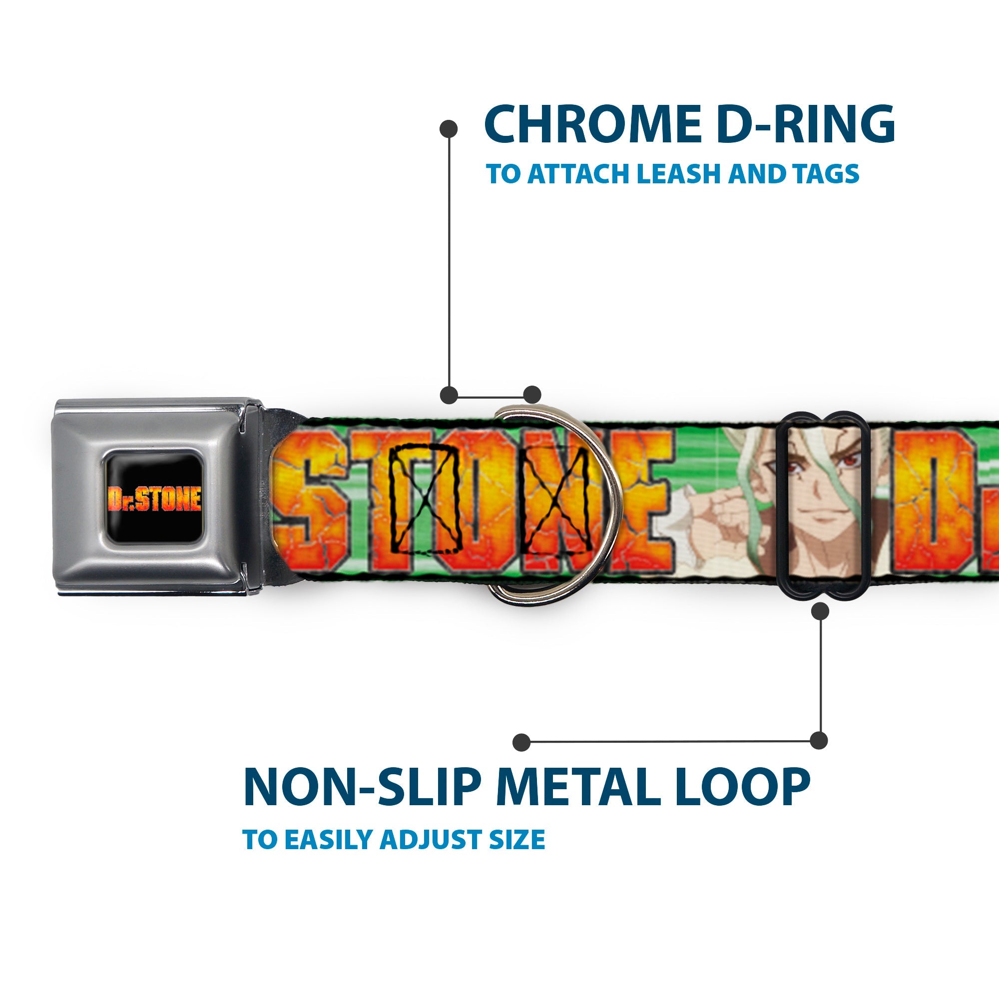 DR. STONE Title Logo Full Color Black/Orange Seatbelt Buckle Collar - DR. STONE Title Logo and Suika Face Close-Up Greens