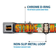 DR. STONE Title Logo Full Color Black/Orange Seatbelt Buckle Collar - DR. STONE Title Logo and Suika Face Close-Up Greens