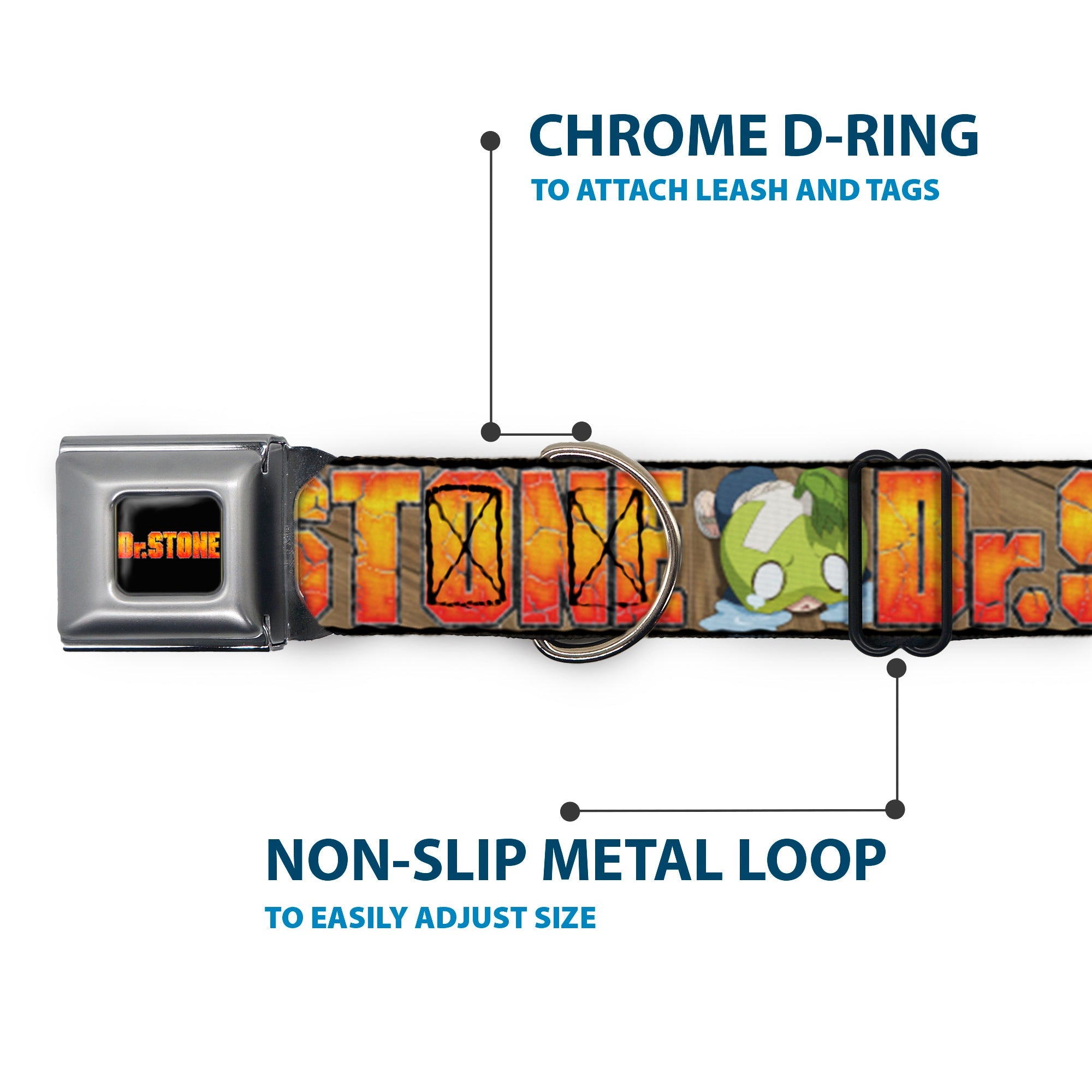 DR. STONE Title Logo Full Color Black/Orange Seatbelt Buckle Collar - DR. STONE Title Logo and Suika Crying Pose Browns