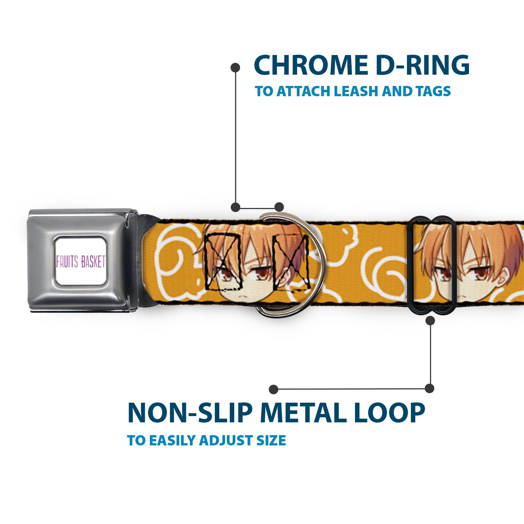 FRUITS BASKET Title Logo Full Color White/Purple Seatbelt Buckle Collar - Fruits Basket Chibi Kyo Soma Face and Kimono Cat Icon Orange/White