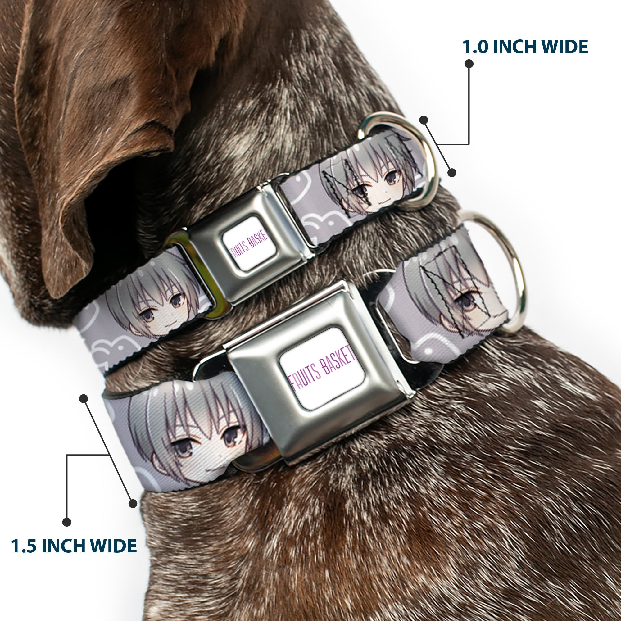 FRUITS BASKET Title Logo Full Color White/Purple Seatbelt Buckle Collar - Fruits Basket Chibi Yuki Soma Face and Kimono Rat Icon Gray/White