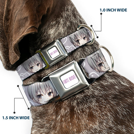 FRUITS BASKET Title Logo Full Color White/Purple Seatbelt Buckle Collar - Fruits Basket Chibi Yuki Soma Face and Kimono Rat Icon Gray/White