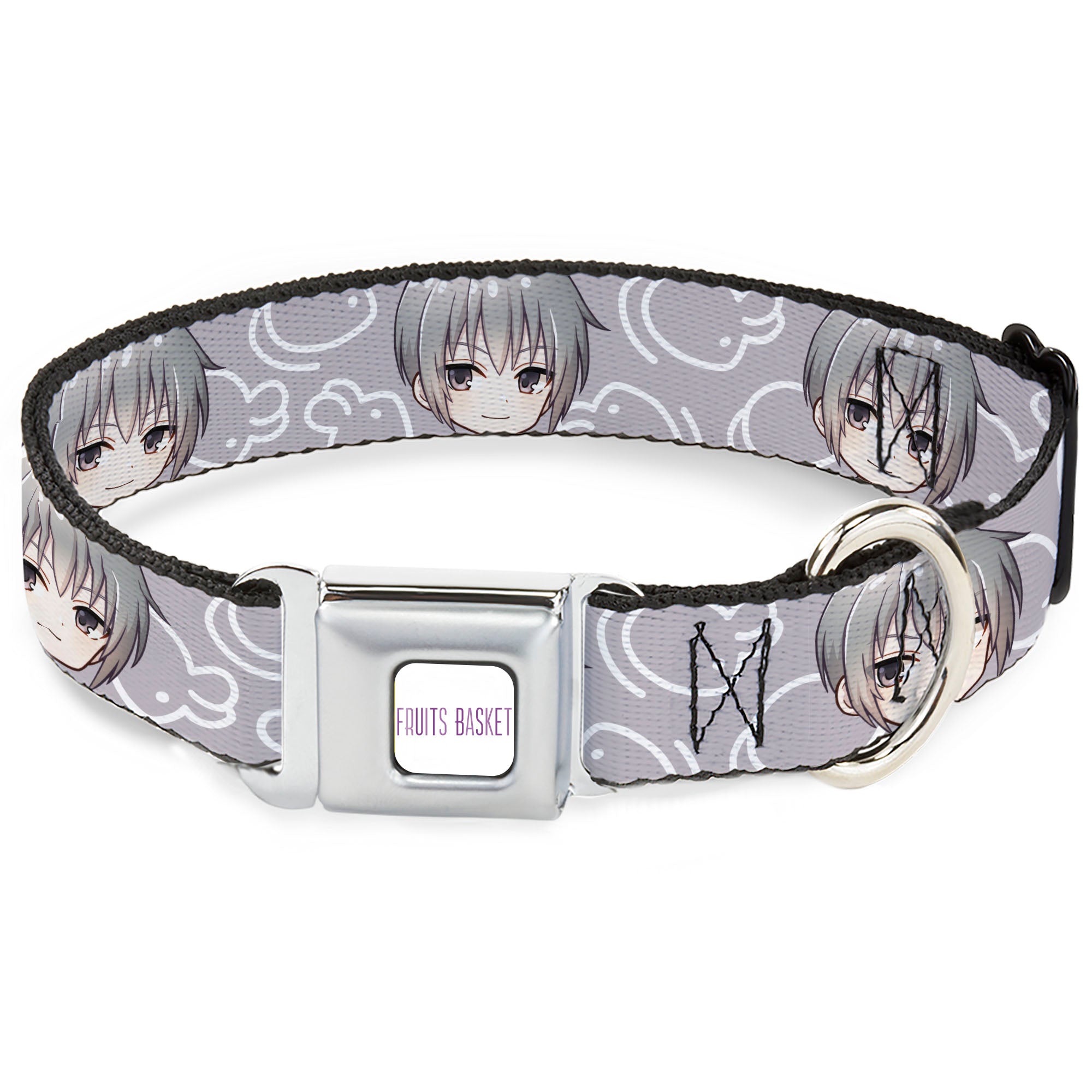 FRUITS BASKET Title Logo Full Color White/Purple Seatbelt Buckle Collar - Fruits Basket Chibi Yuki Soma Face and Kimono Rat Icon Gray/White