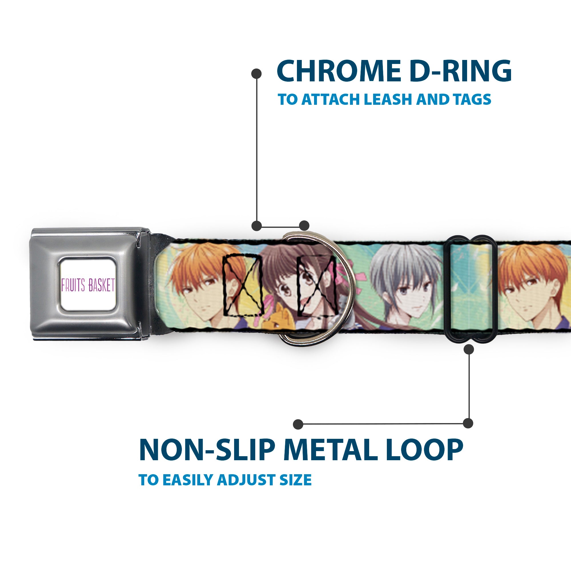 FRUITS BASKET Title Logo Full Color White/Purple Seatbelt Buckle Collar - Fruits Basket Kyo Tohru Yuki Group Pose Greens/Blues