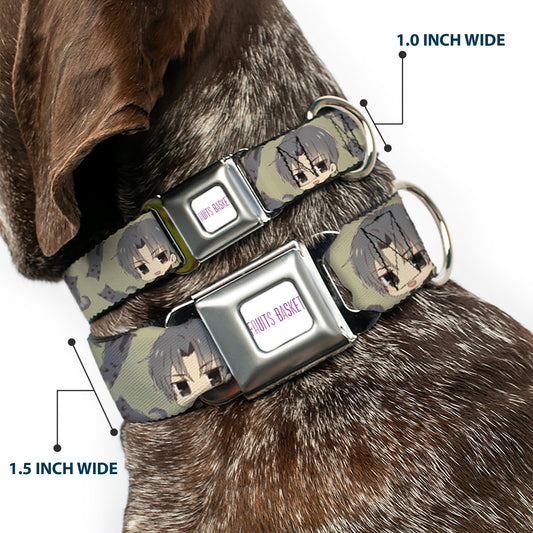 FRUITS BASKET Title Logo Full Color White/Purple Seatbelt Buckle Collar - Fruits Basket Chibi Shigure Soma and Dog Scattered Olive/Gray