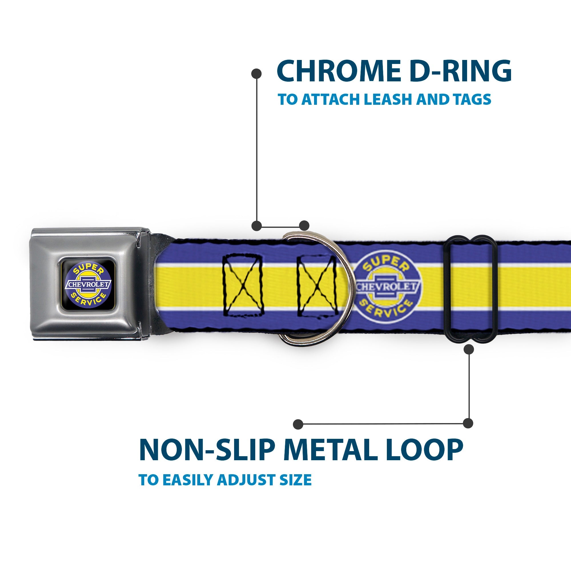 CHEVROLET SUPER SERVICE Logo Full Color Black/Blue/Yellow/White Seatbelt Buckle Collar - CHEVROLET SUPER SERVICE Logo/Stripe Blue/White/Yellow