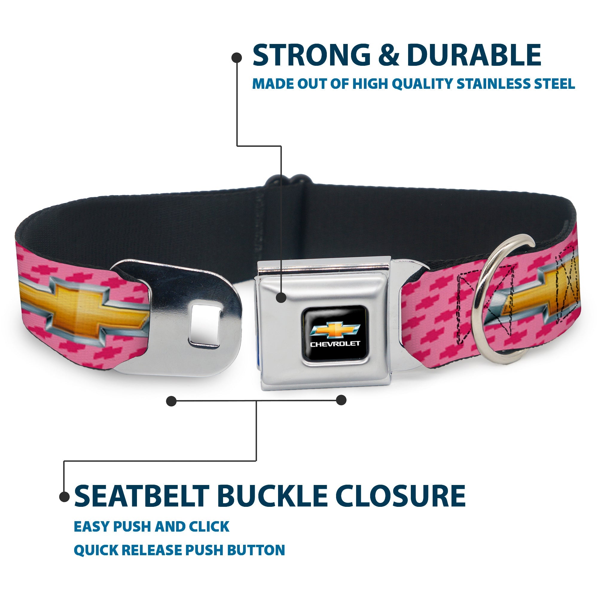 Chevy Bowtie Full Color Black Gold Seatbelt Buckle Collar - Chevy Gold Bowtie w/Logo PINK