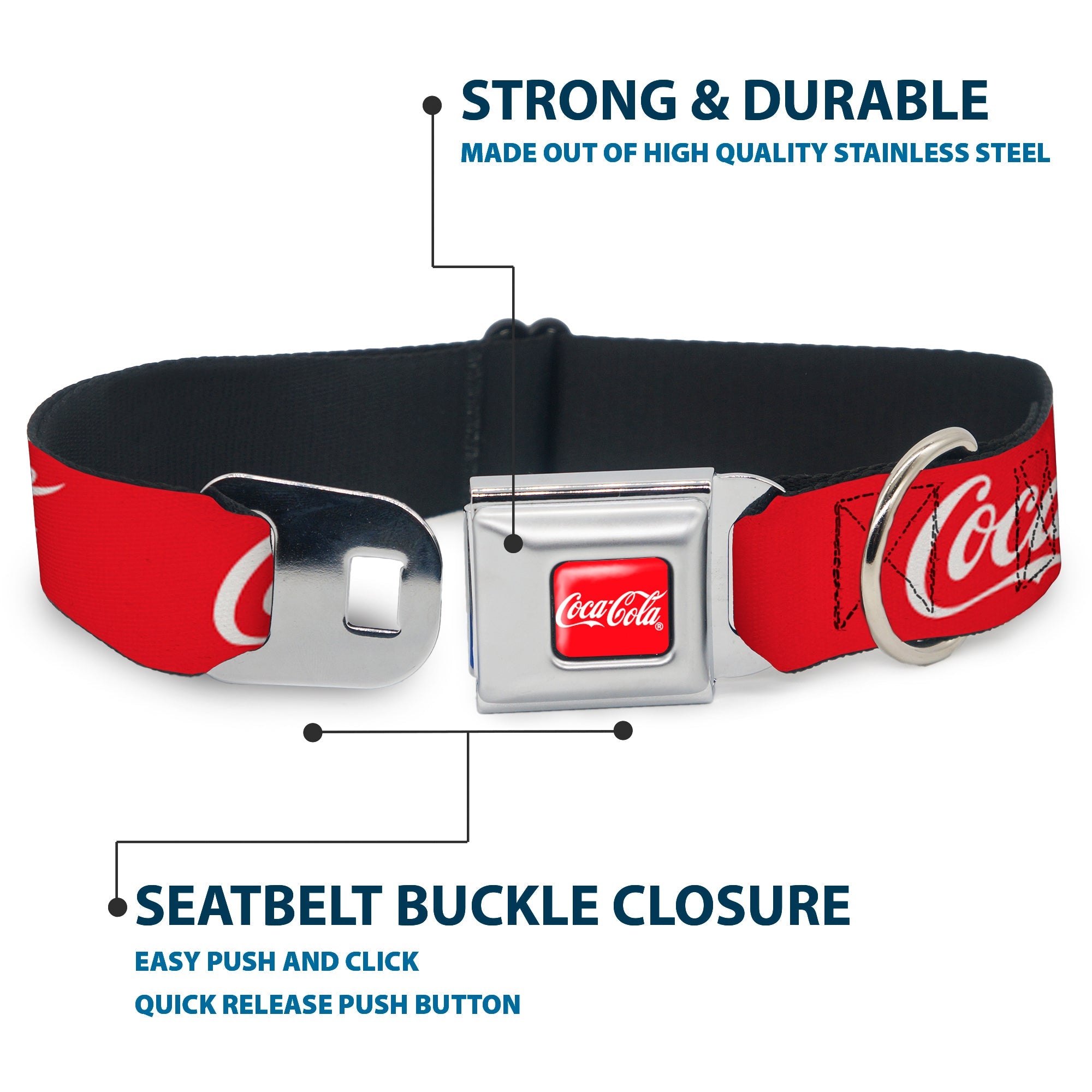 COCA-COLA Script Logo Full Color Red/White Seatbelt Buckle Collar - COCA-COLA Script Logo Red/White