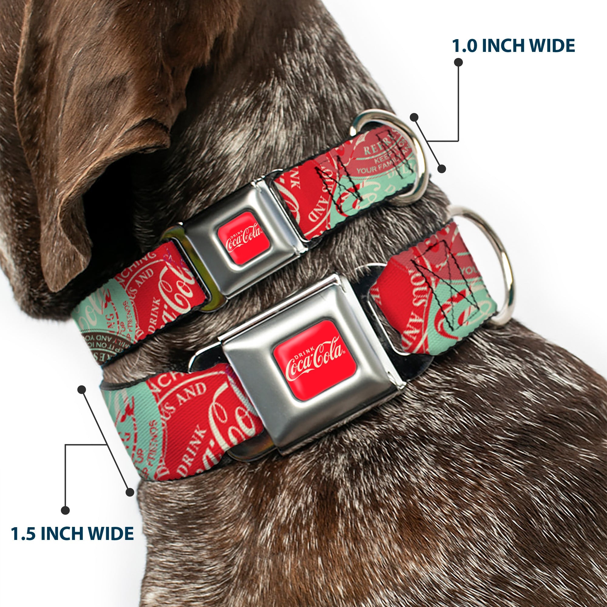 DRINK COCA-COLA Logo Full Color Red/White Seatbelt Buckle Collar - DRINK COCA-COLA Coke Patches Stacked Reds/Multi Color