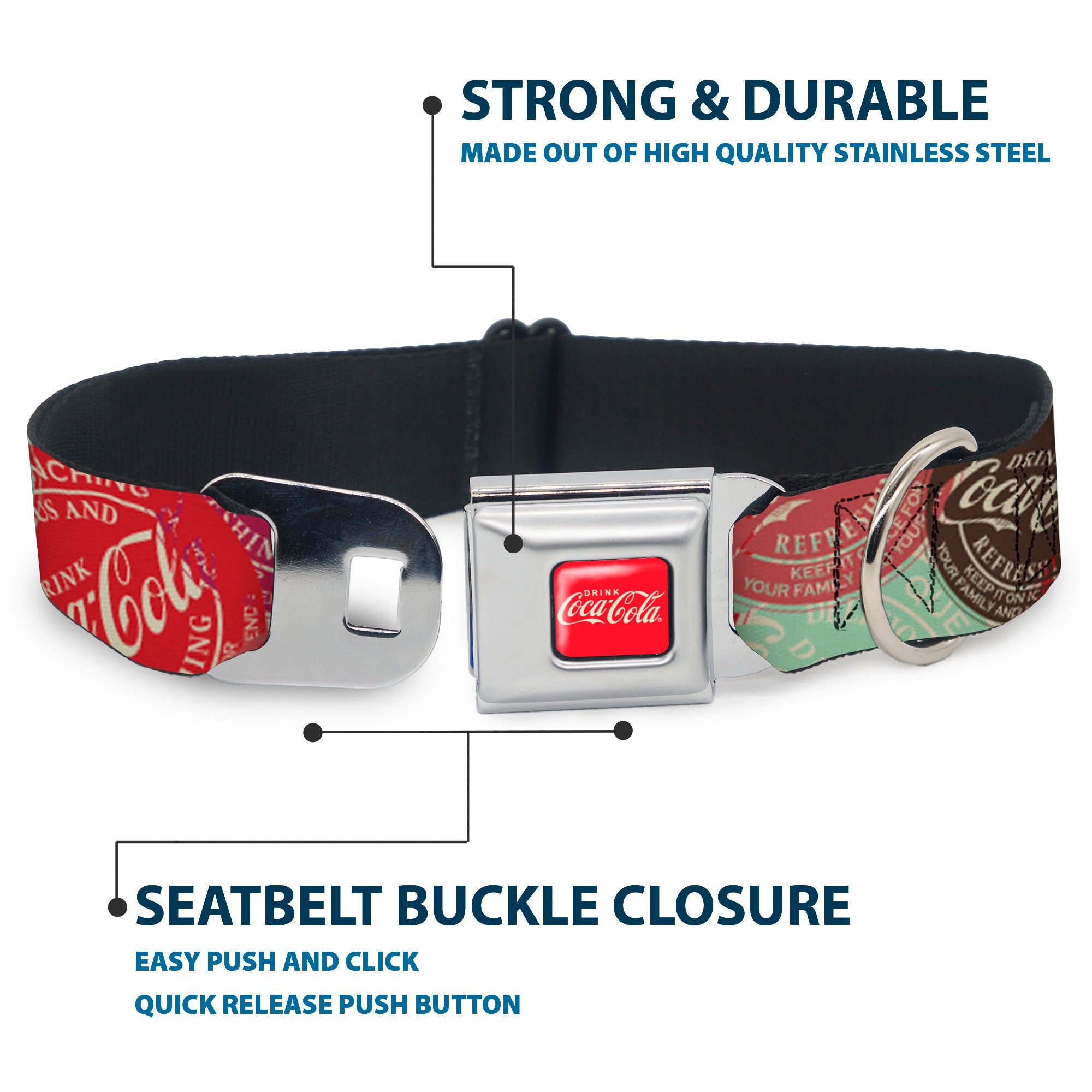 DRINK COCA-COLA Logo Full Color Red/White Seatbelt Buckle Collar - DRINK COCA-COLA Coke Patches Stacked Reds/Multi Color