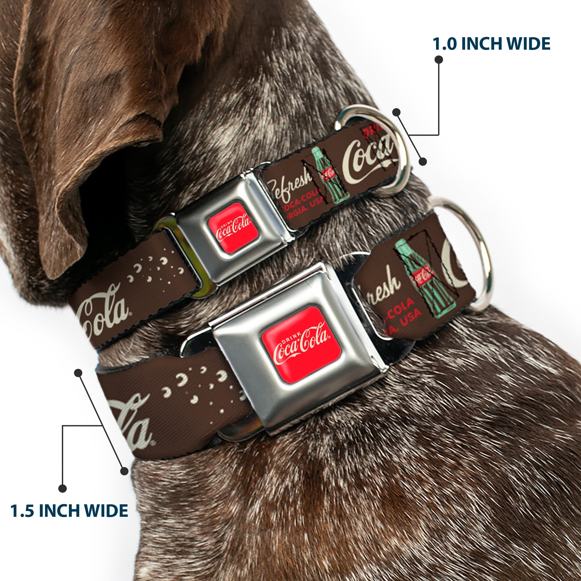 DRINK COCA-COLA Logo Full Color Red/White Seatbelt Buckle Collar - Coca-Cola PAUSE AND REFRESH Typography and Bottle Brown/Red/White