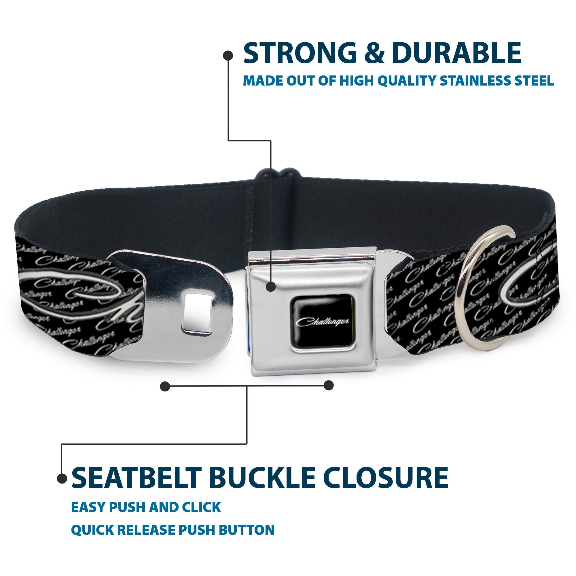 CHALLENGER Script Black Silver Seatbelt Buckle Collar - CHALLENGER Repeat w/Text Black/White