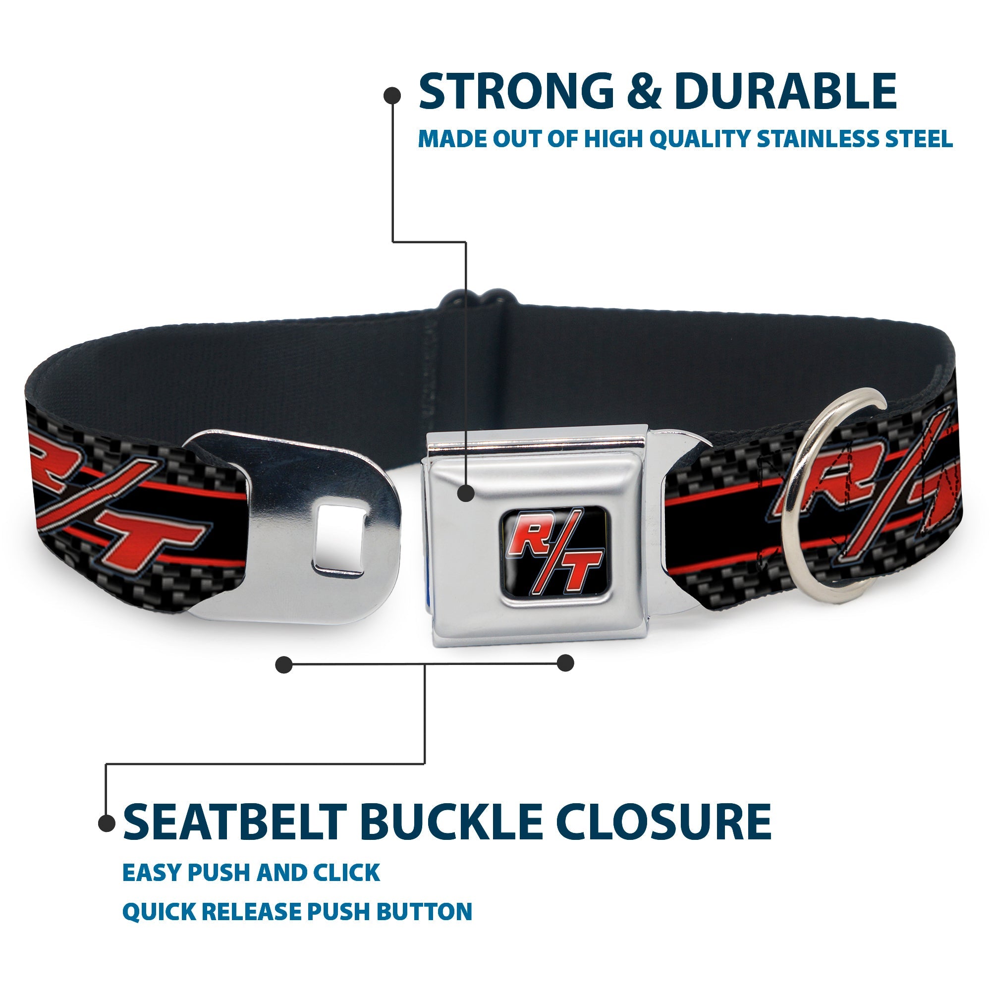 Dodge Challenger R/T Emblem Full Color Black/White/Red Seatbelt Buckle Collar - Dodge Challenger R/T Emblem/Carbon Fiber Stripe Grays/Black/Red