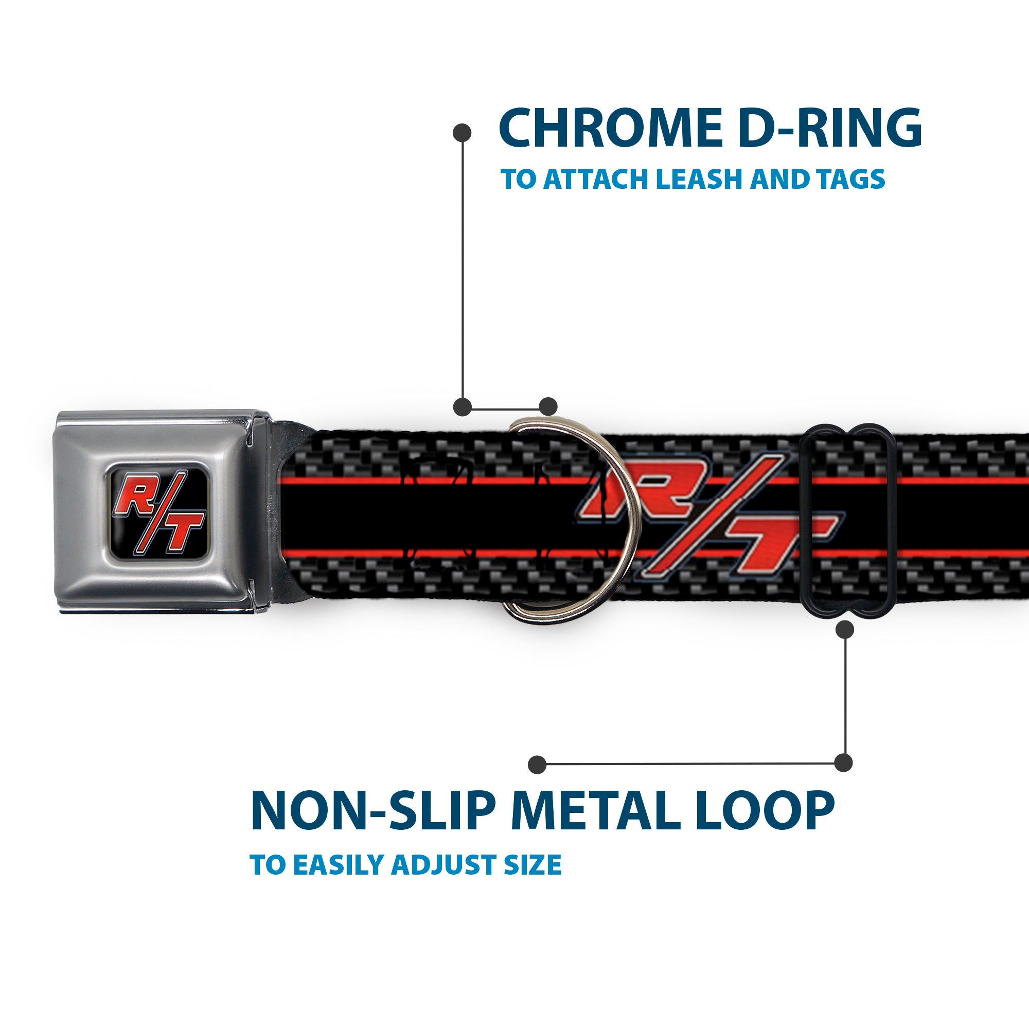 Dodge Challenger R/T Emblem Full Color Black/White/Red Seatbelt Buckle Collar - Dodge Challenger R/T Emblem/Carbon Fiber Stripe Grays/Black/Red