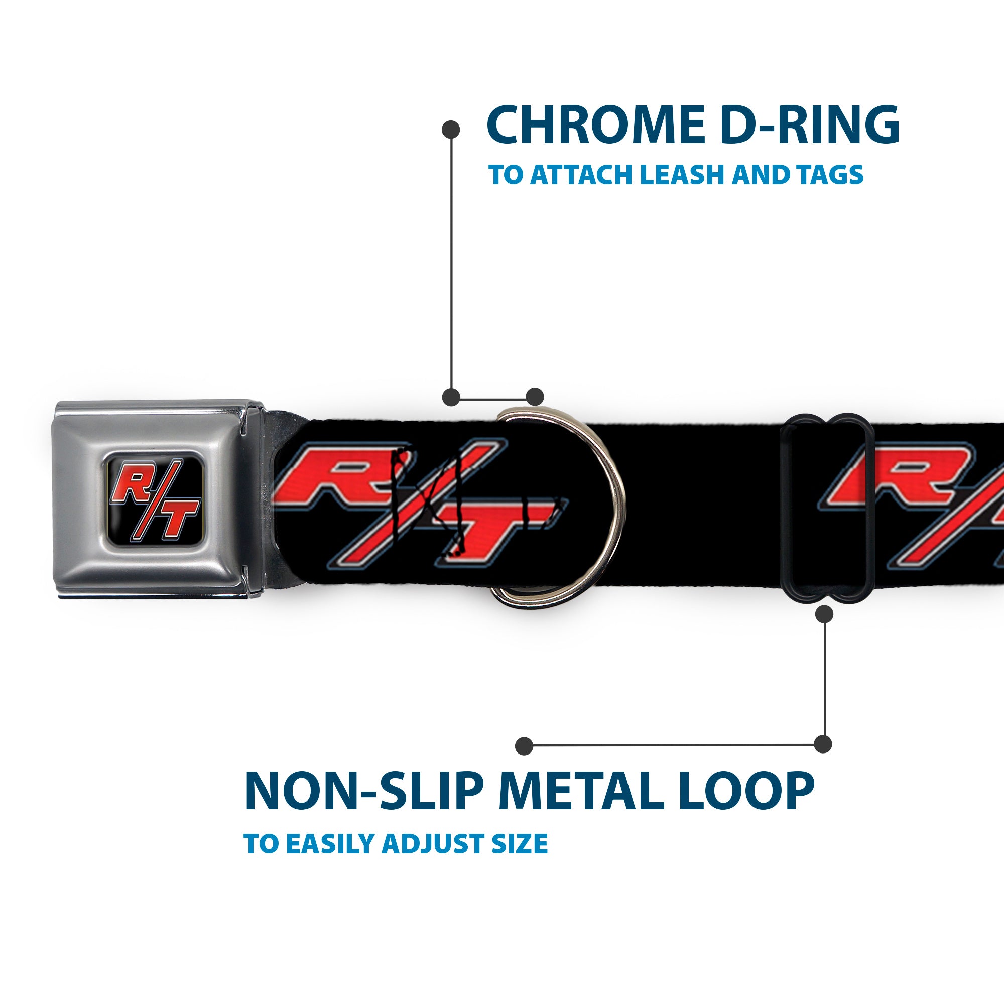 Dodge Challenger R/T Emblem Full Color Black/White/Red Seatbelt Buckle Collar - Dodge Challenger R/T Emblem Repeat Black/Blue/White/Red