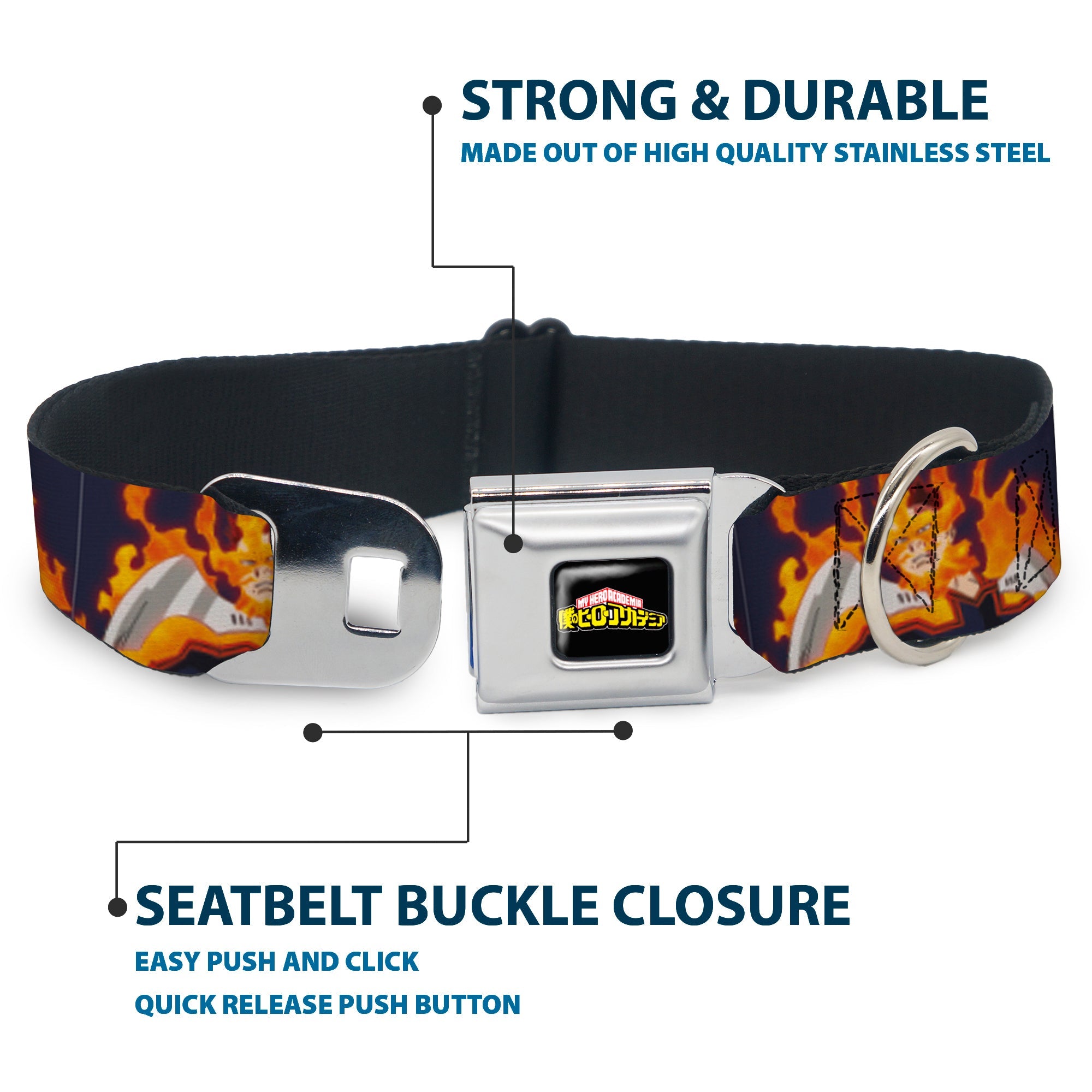 MY HERO ACADEMIA Title Logo Full Color Black Seatbelt Buckle Collar - My Hero Academia Flame Hero Endeavor Pose Blue
