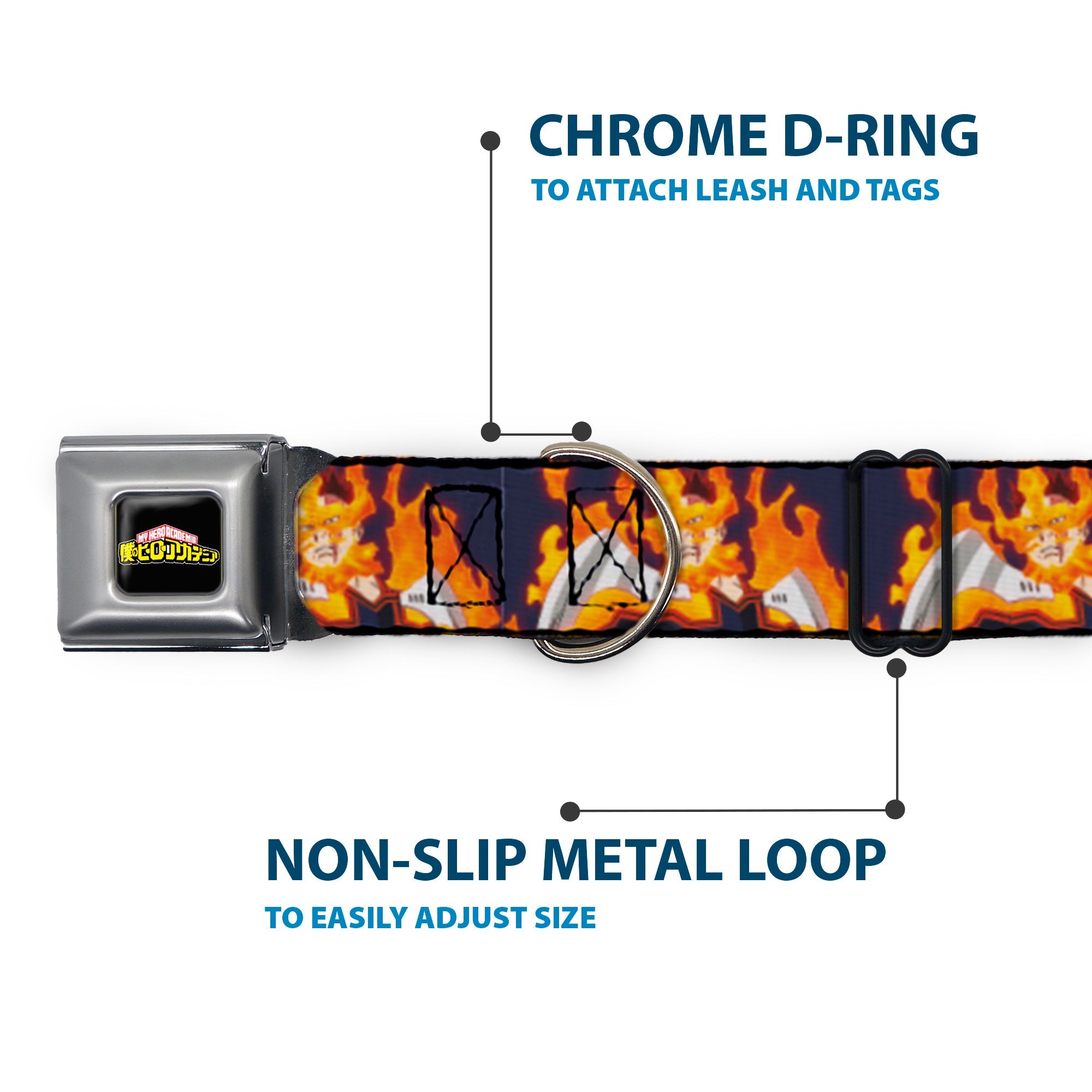 MY HERO ACADEMIA Title Logo Full Color Black Seatbelt Buckle Collar - My Hero Academia Flame Hero Endeavor Pose Blue