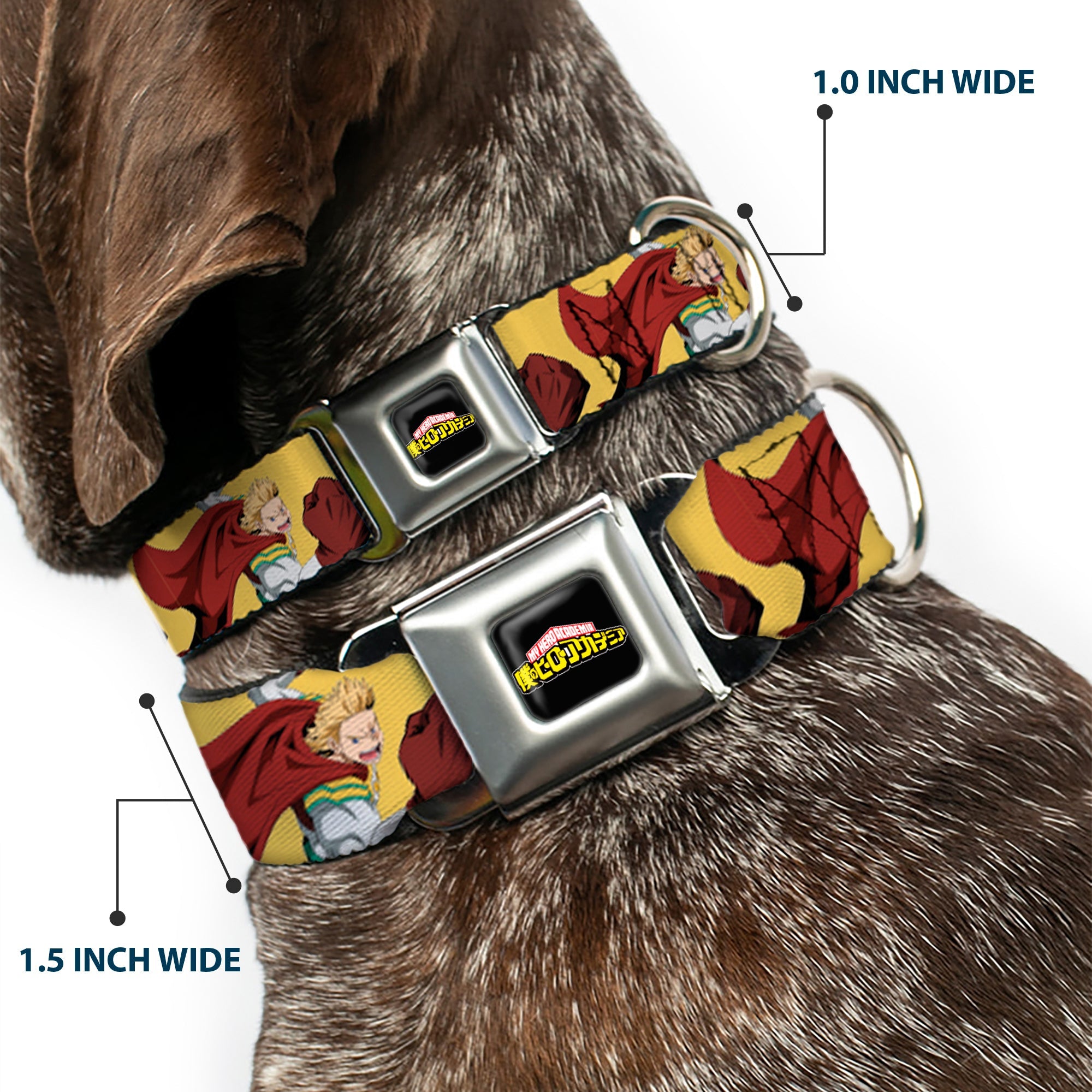 MY HERO ACADEMIA Title Logo Full Color Black Seatbelt Buckle Collar - My Hero Academia Mirio Togata Upper Cut Pose Yellow
