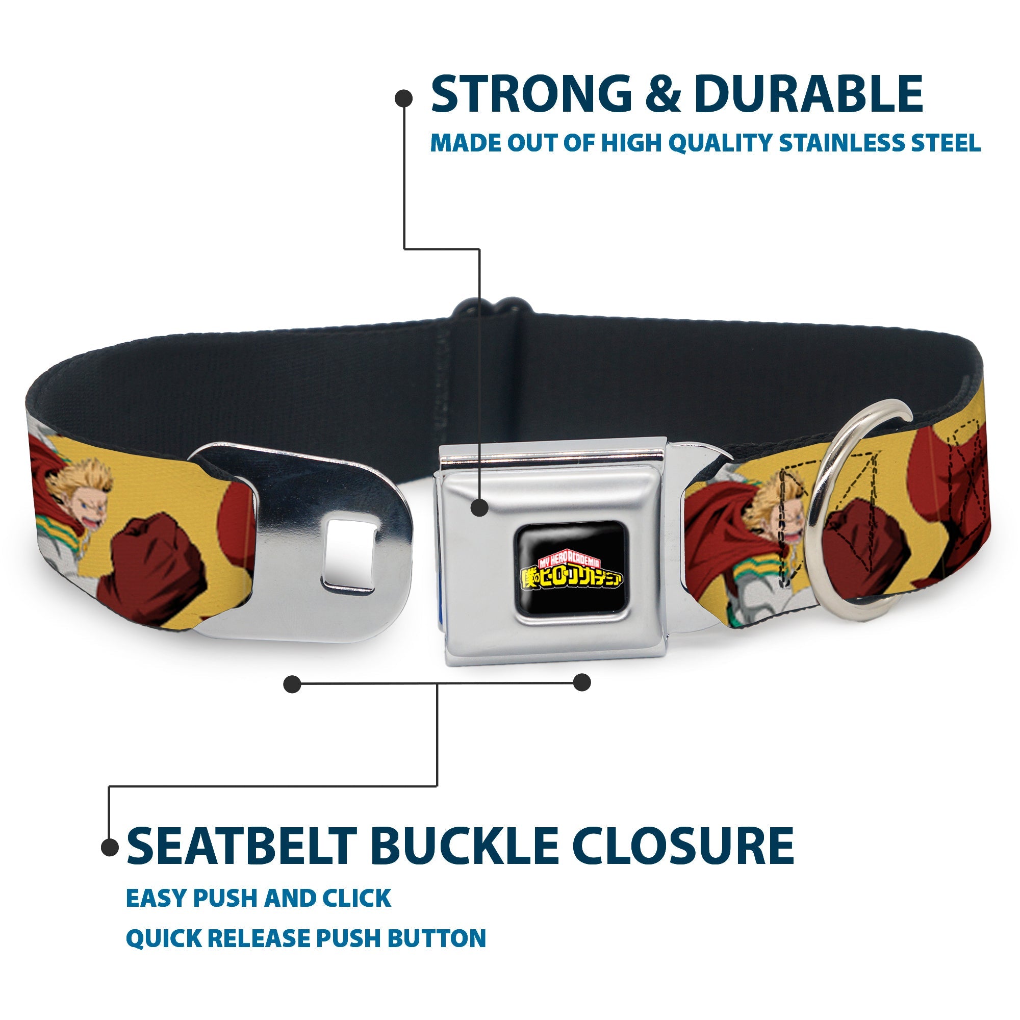 MY HERO ACADEMIA Title Logo Full Color Black Seatbelt Buckle Collar - My Hero Academia Mirio Togata Upper Cut Pose Yellow
