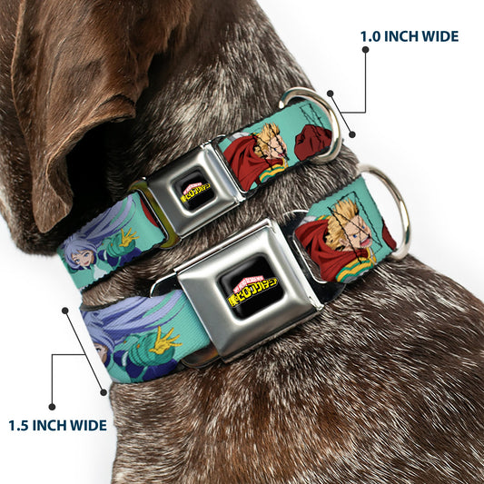 MY HERO ACADEMIA Title Logo Full Color Black Seatbelt Buckle Collar - My Hero Academia The Big 3 Action Poses Light Blue