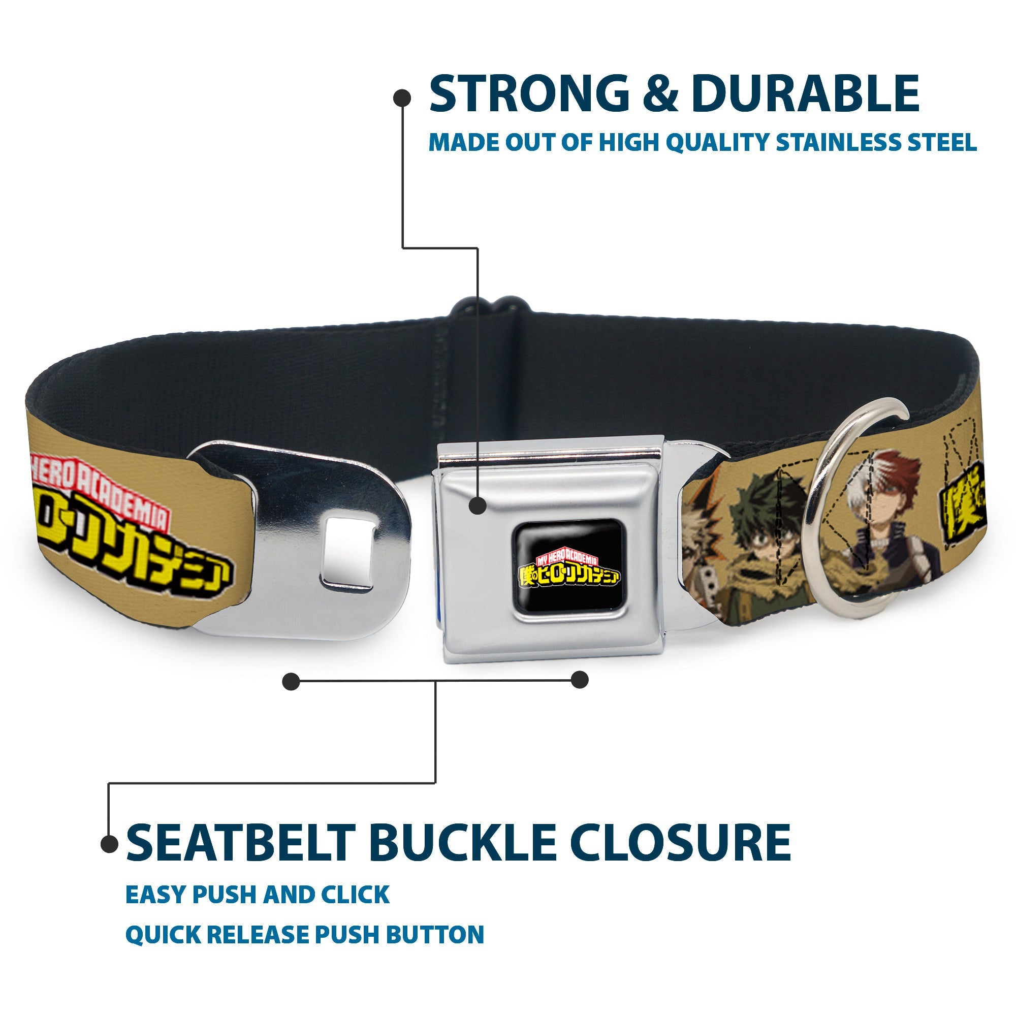 MY HERO ACADEMIA Title Logo Full Color Black Seatbelt Buckle Collar - MY HERO ACADEMIA Character Trio Pose and Title Logo Tan