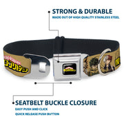 MY HERO ACADEMIA Title Logo Full Color Black Seatbelt Buckle Collar - MY HERO ACADEMIA Character Trio Pose and Title Logo Tan