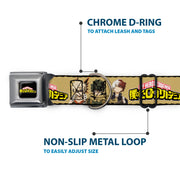 MY HERO ACADEMIA Title Logo Full Color Black Seatbelt Buckle Collar - MY HERO ACADEMIA Character Trio Pose and Title Logo Tan