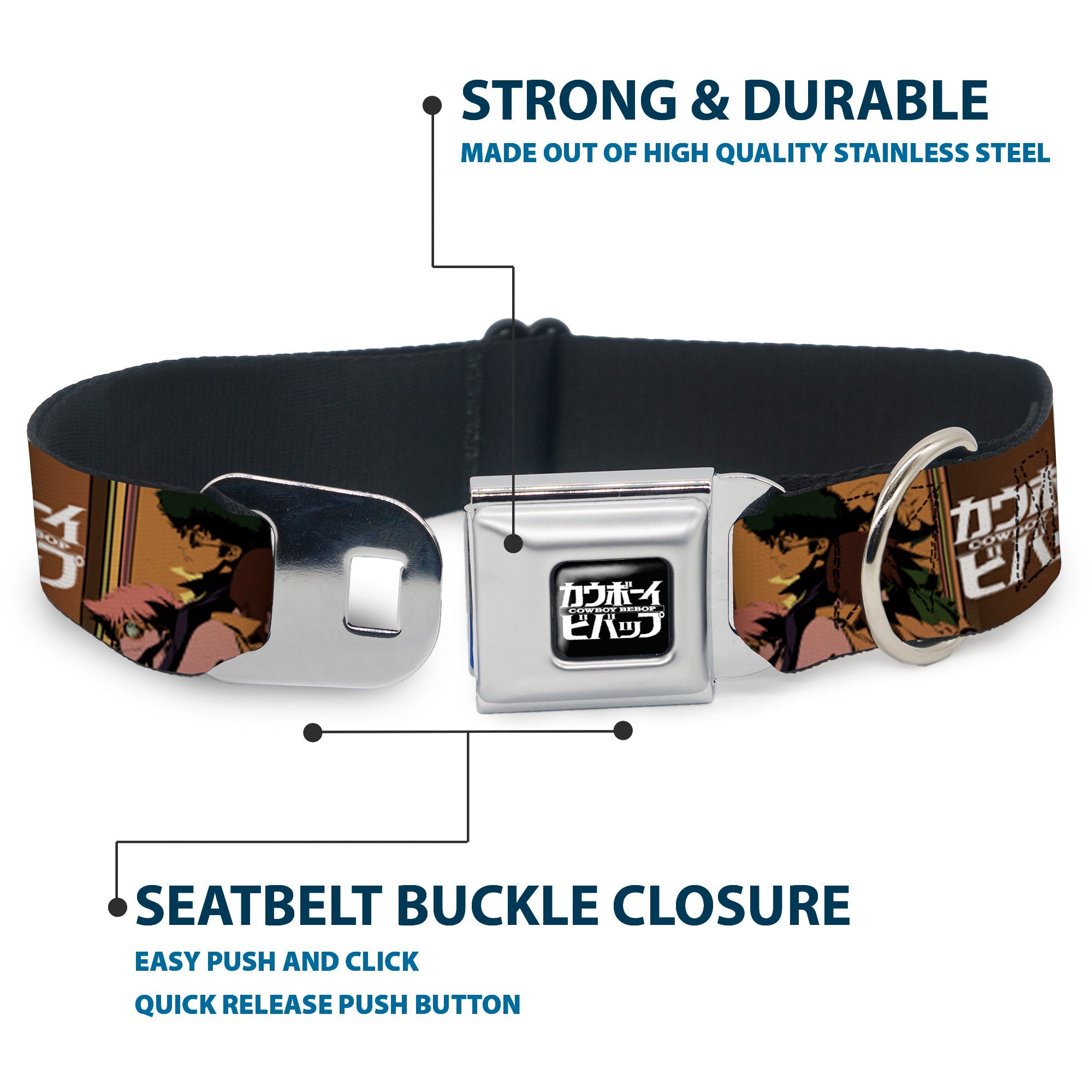 COWBOY BEBOP Title Logo Full Color Black/White Seatbelt Buckle Collar - COWBOY BEBOP Crew Group Pose and Title Logo Blocks
