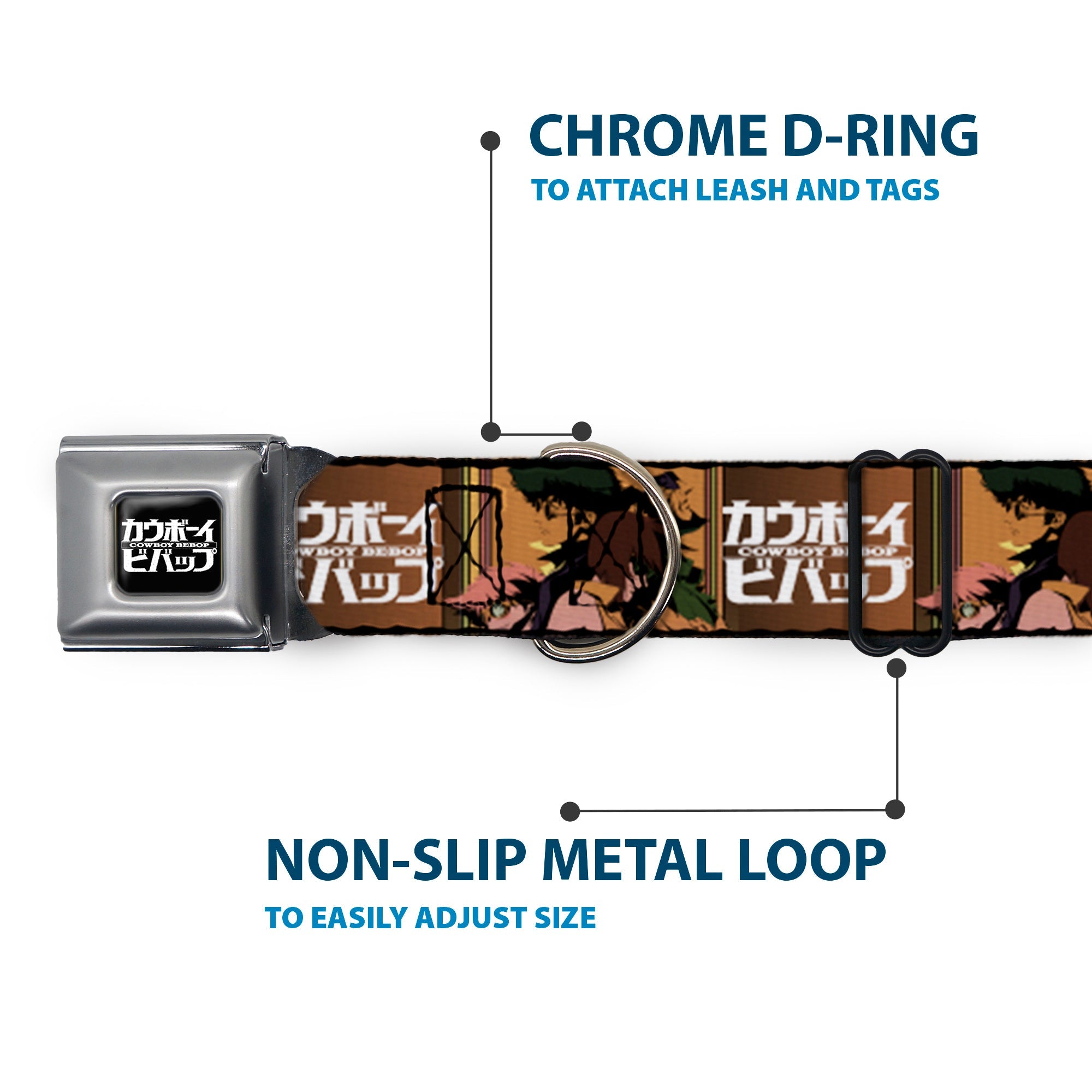 COWBOY BEBOP Title Logo Full Color Black/White Seatbelt Buckle Collar - COWBOY BEBOP Crew Group Pose and Title Logo Blocks