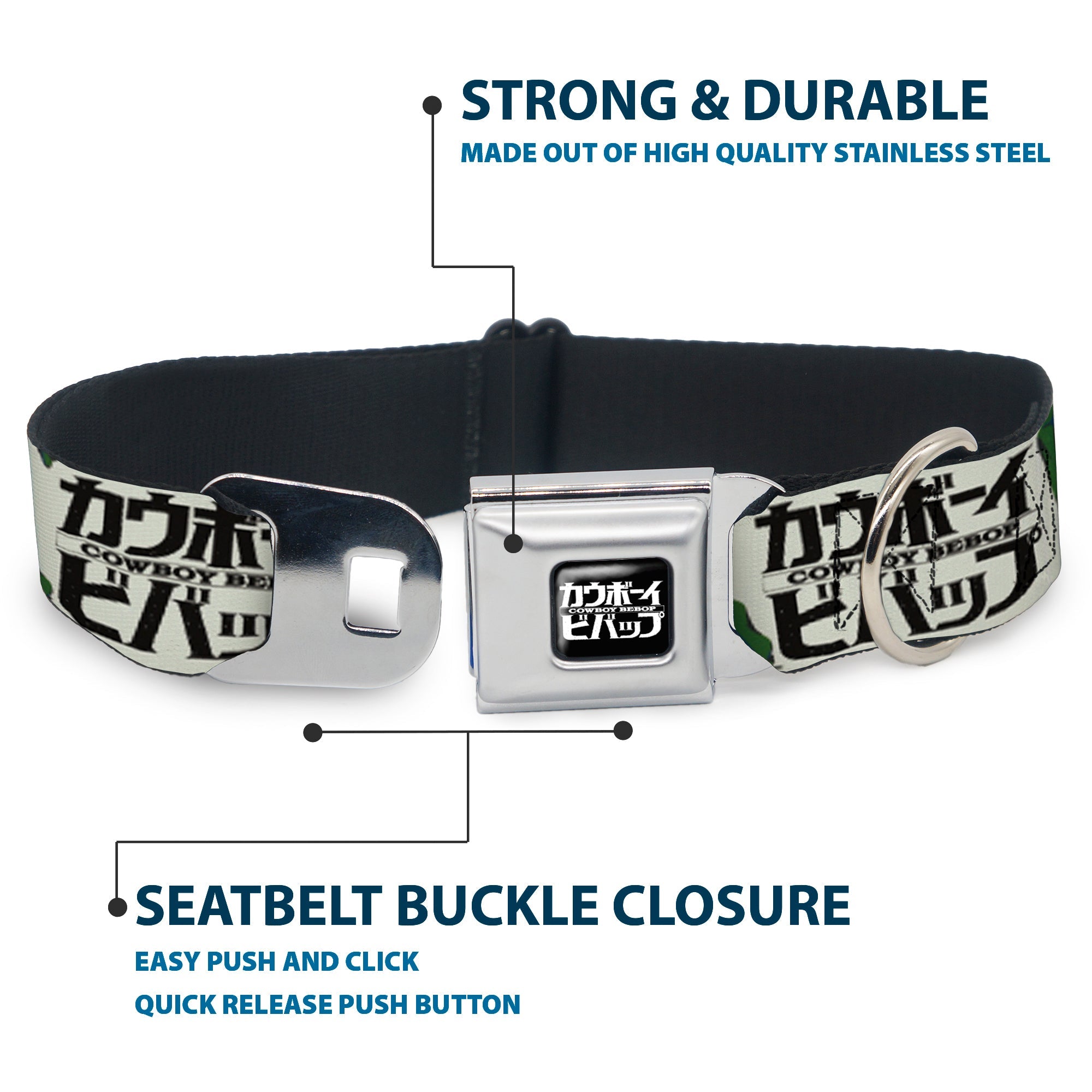 COWBOY BEBOP Title Logo Full Color Black/White Seatbelt Buckle Collar - COWBOY BEBOP Crew Group Pose and Title Logo White/Black/Greens