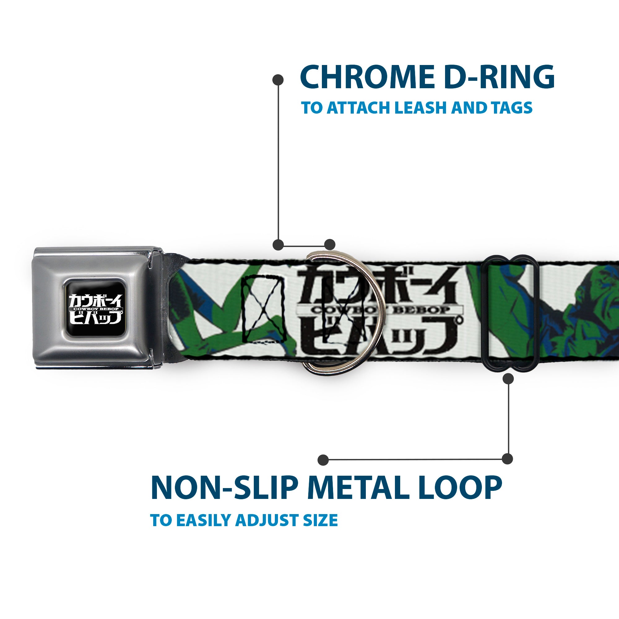 COWBOY BEBOP Title Logo Full Color Black/White Seatbelt Buckle Collar - COWBOY BEBOP Crew Group Pose and Title Logo White/Black/Greens